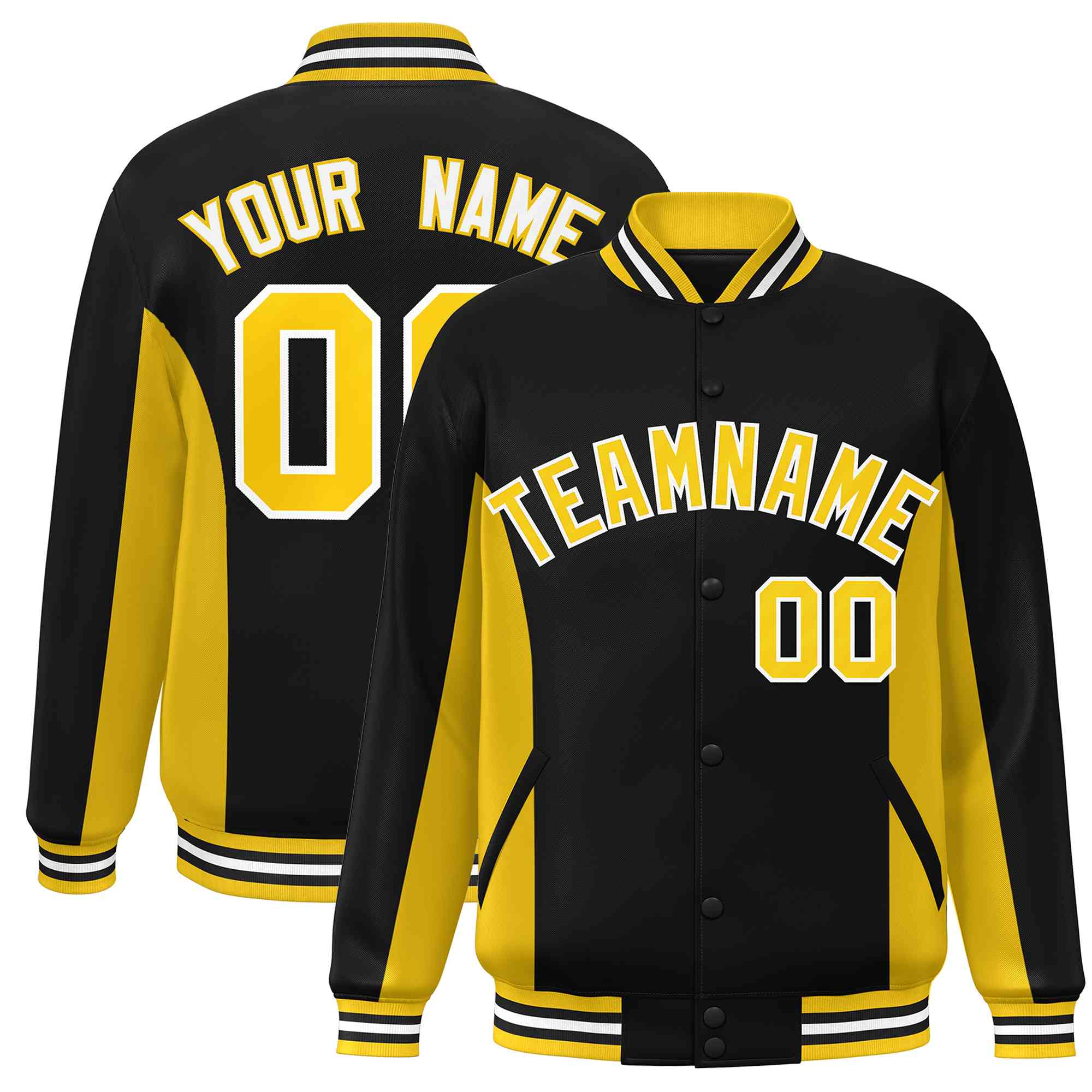 Custom Black Gold Varsity Full-Snap Color Block Letterman Baseball Jacket