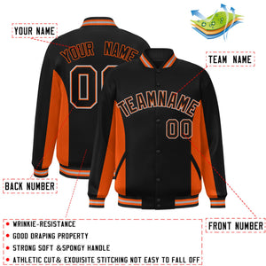 Custom Black Orange Varsity Full-Snap Color Block Letterman Baseball Jacket