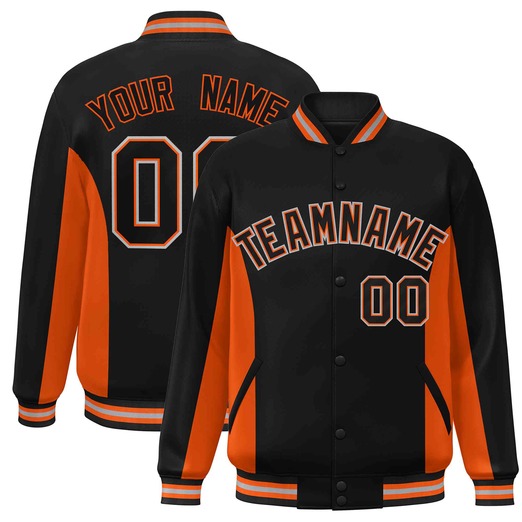 Custom Black Orange Varsity Full-Snap Color Block Letterman Baseball Jacket