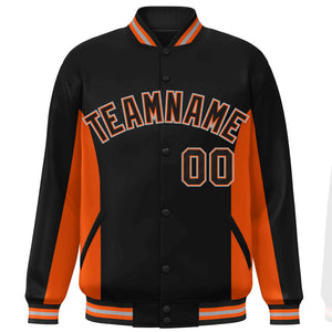 Custom Black Orange Varsity Full-Snap Color Block Letterman Baseball Jacket