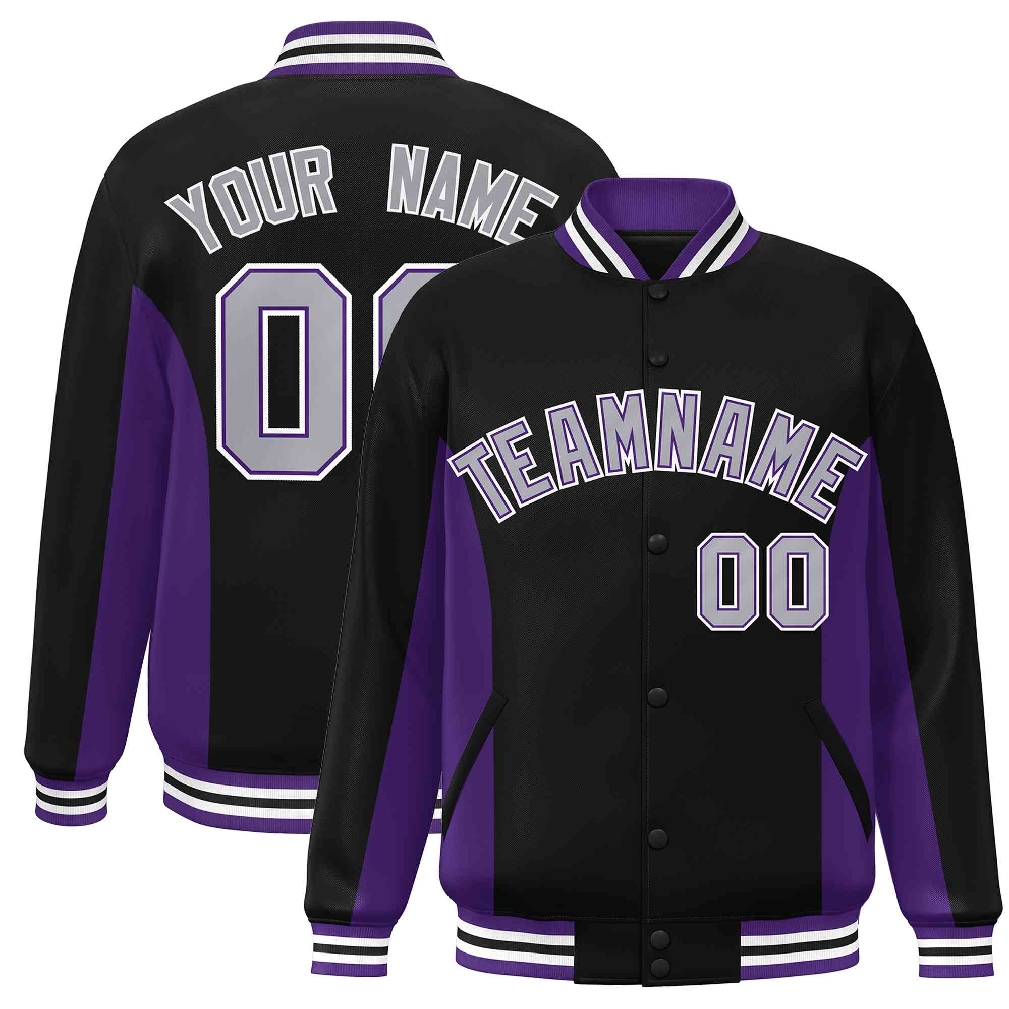 Custom Black Purple-Gray Varsity Full-Snap Color Block Letterman Baseball Jacket