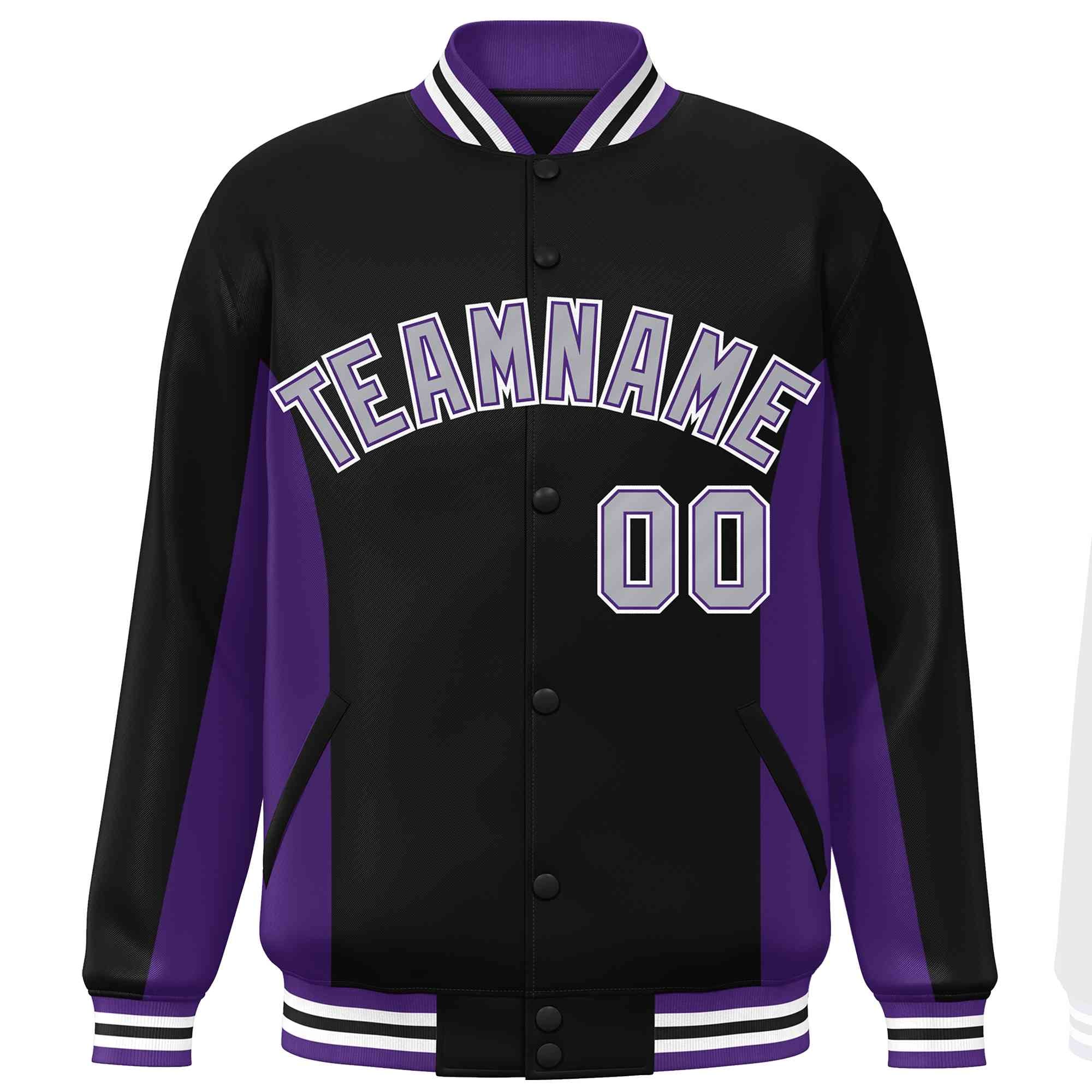 Custom Black Purple-Gray Varsity Full-Snap Color Block Letterman Baseball Jacket