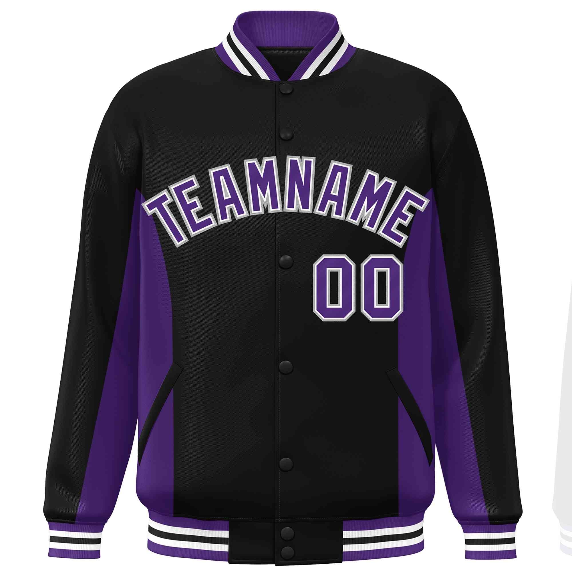 Custom Black Purple Varsity Full-Snap Color Block Letterman Baseball Jacket