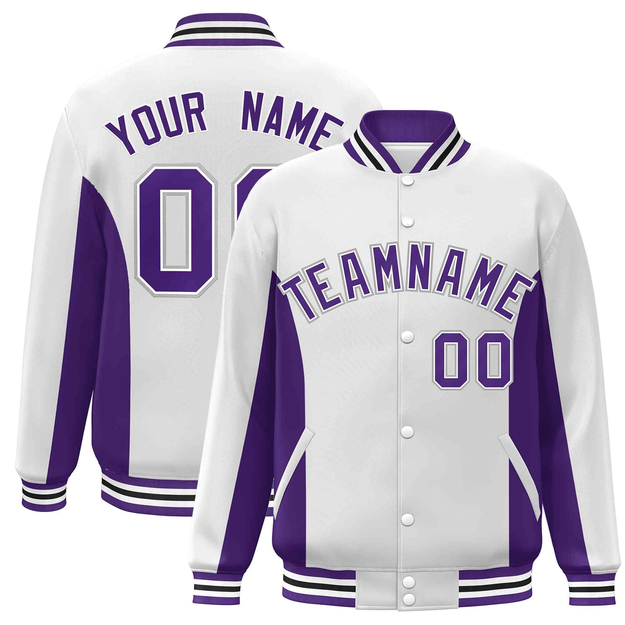 Custom White Purple Varsity Full-Snap Color Block Letterman Baseball Jacket