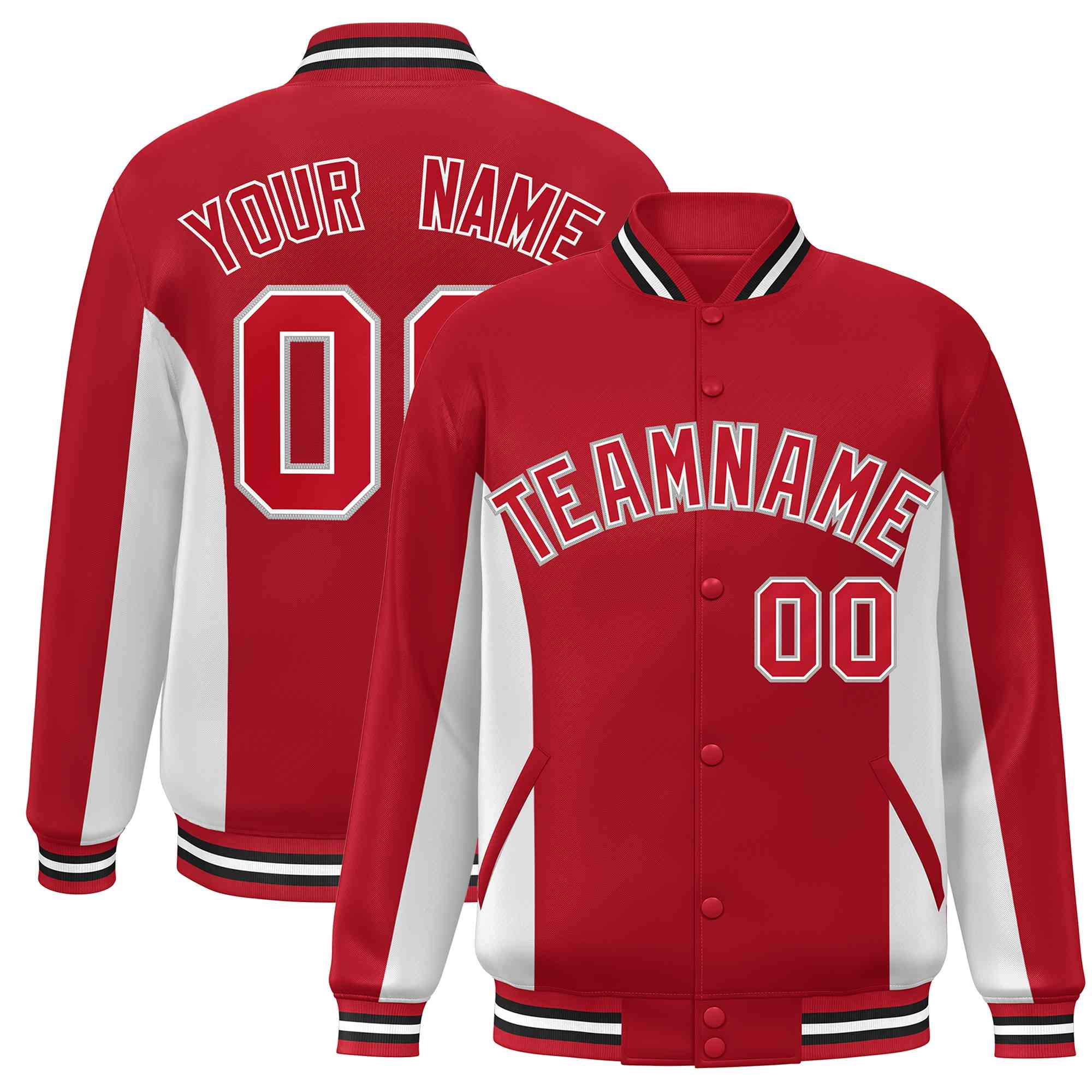 Custom Red White Varsity Full-Snap Color Block Letterman Baseball Jacket