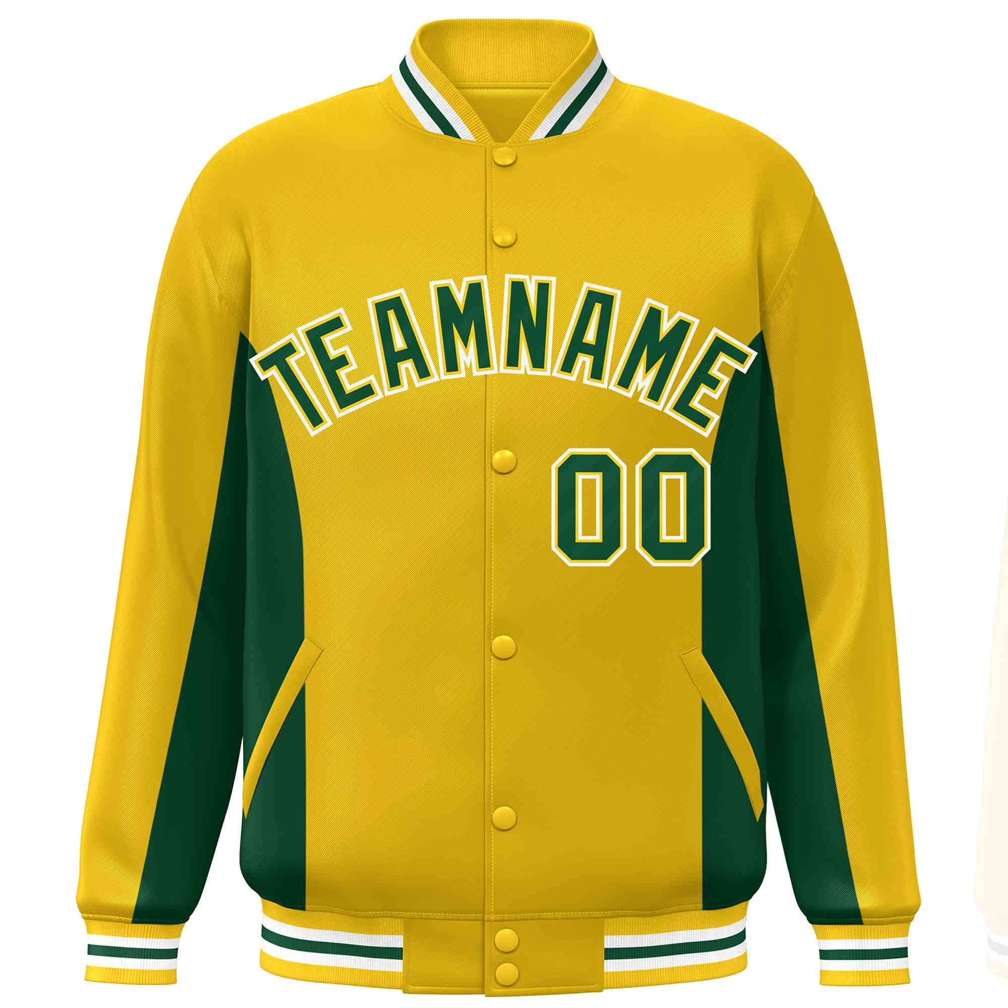 Custom Gold Green Varsity Full-Snap Color Block Letterman Baseball Jacket