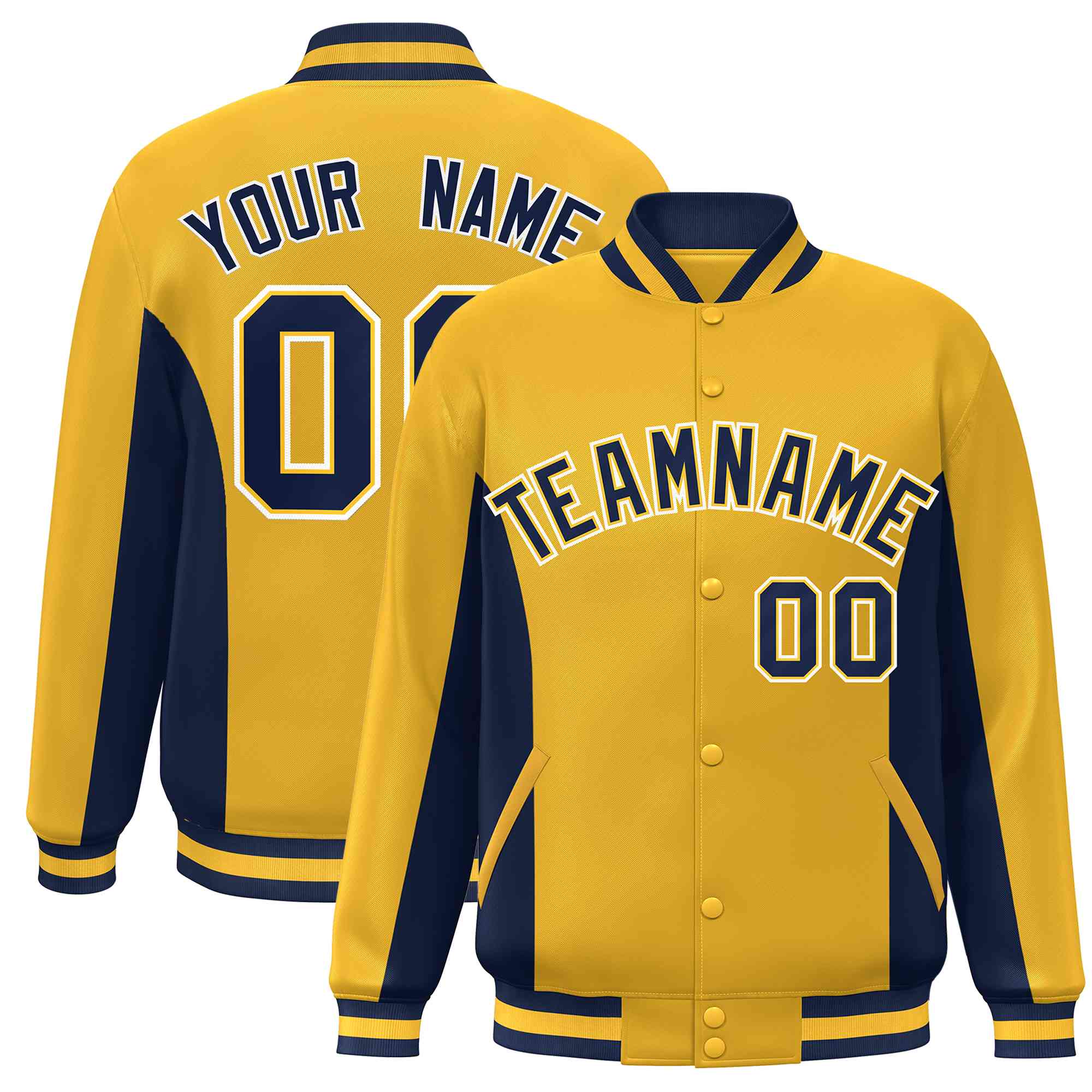 Custom Gold Navy Varsity Full-Snap Color Block Letterman Baseball Jacket