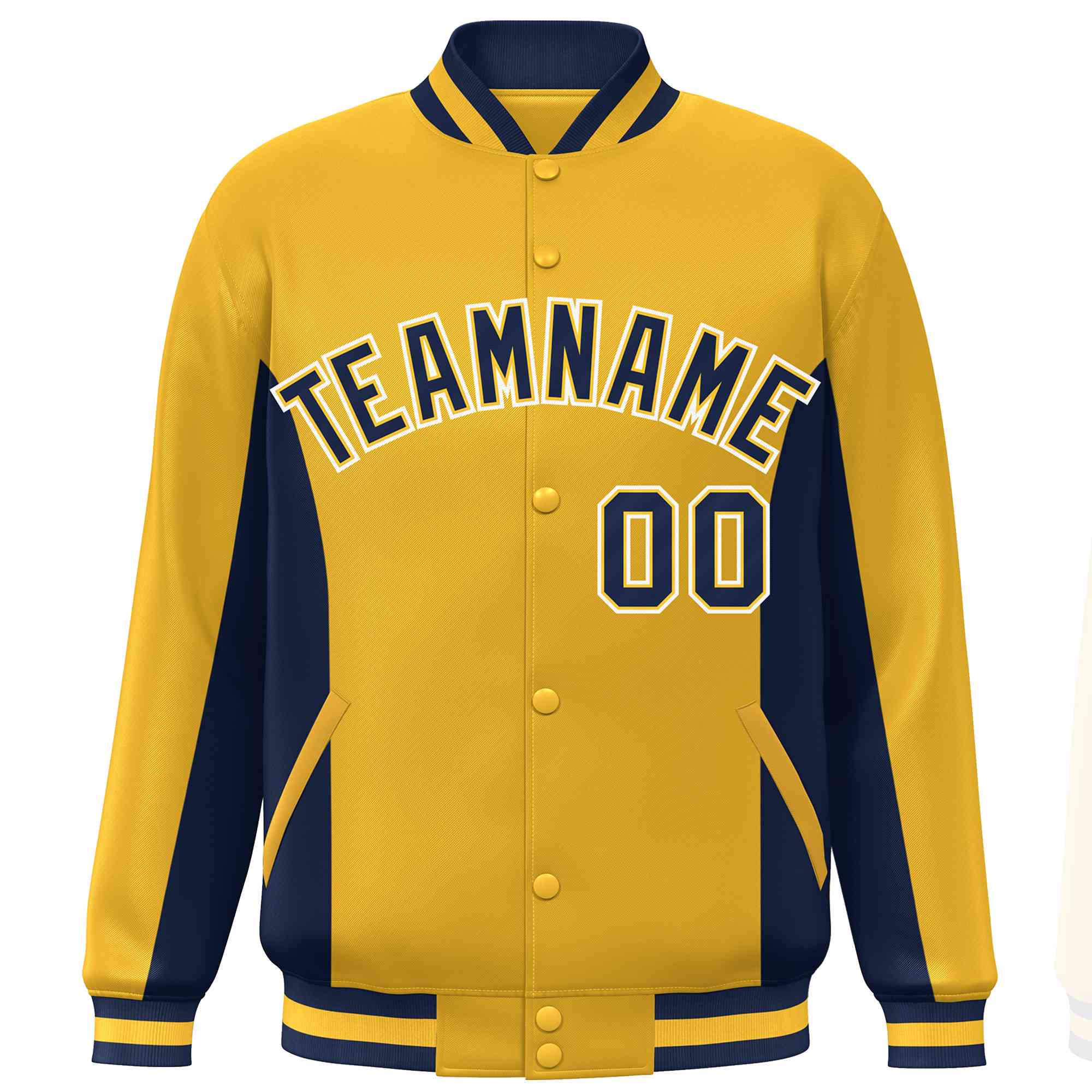 Custom Gold Navy Varsity Full-Snap Color Block Letterman Baseball Jacket