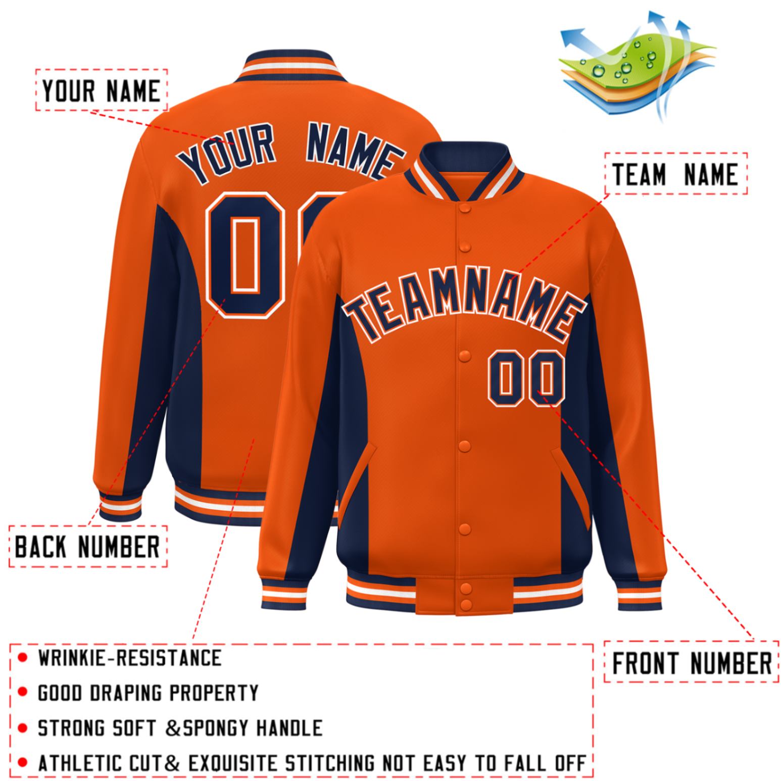 Custom Orange Navy Varsity Full-Snap Color Block Letterman Baseball Jacket