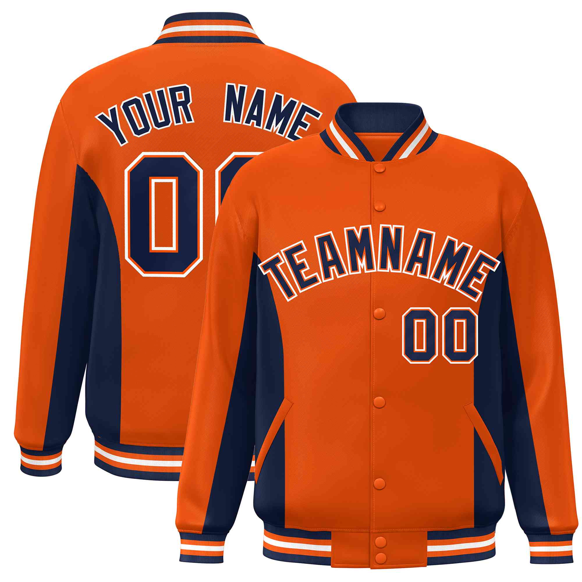 Custom Orange Navy Varsity Full-Snap Color Block Letterman Baseball Jacket