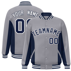 Custom Gray Navy Varsity Full-Snap Color Block Letterman Baseball Jacket