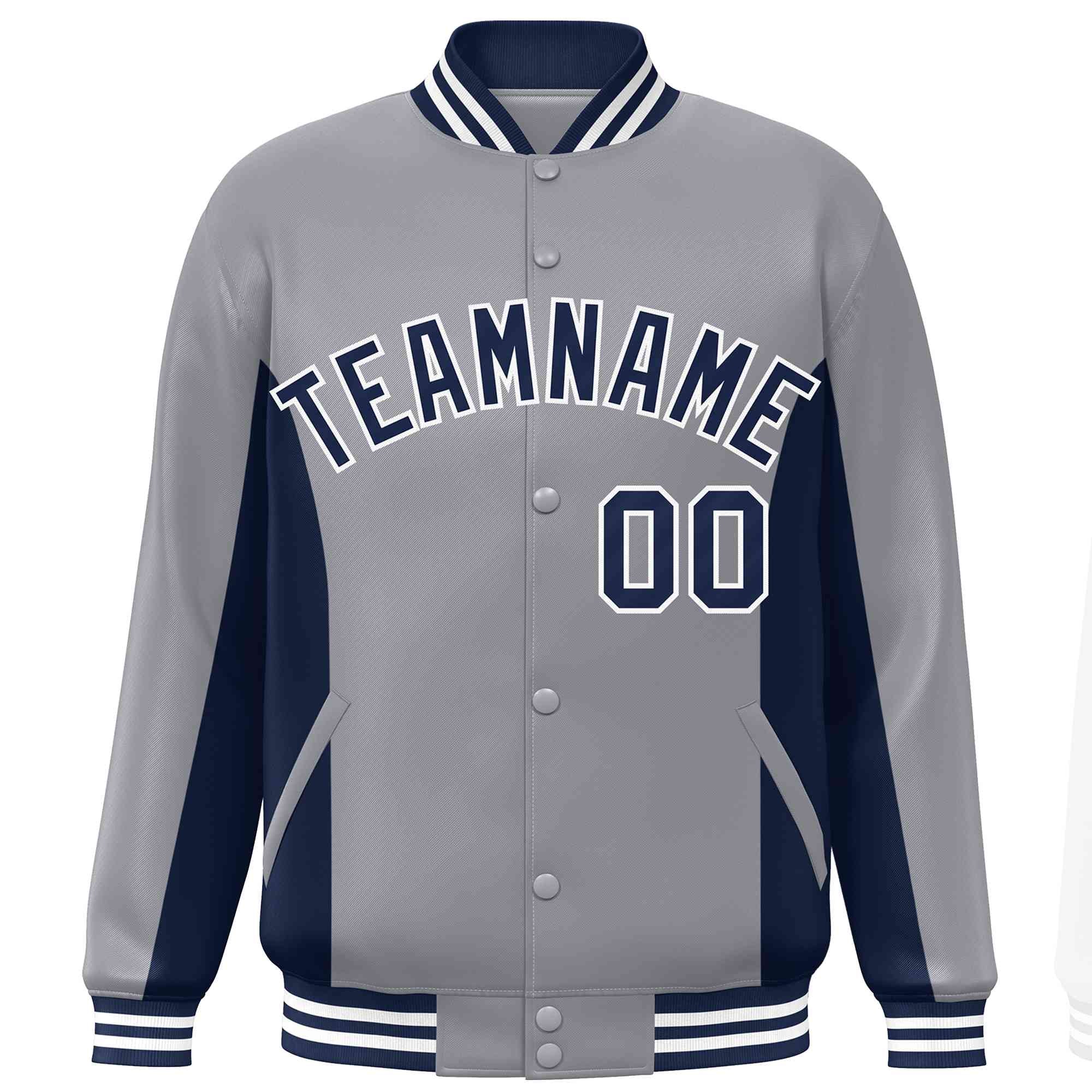 Custom Gray Navy Varsity Full-Snap Color Block Letterman Baseball Jacket