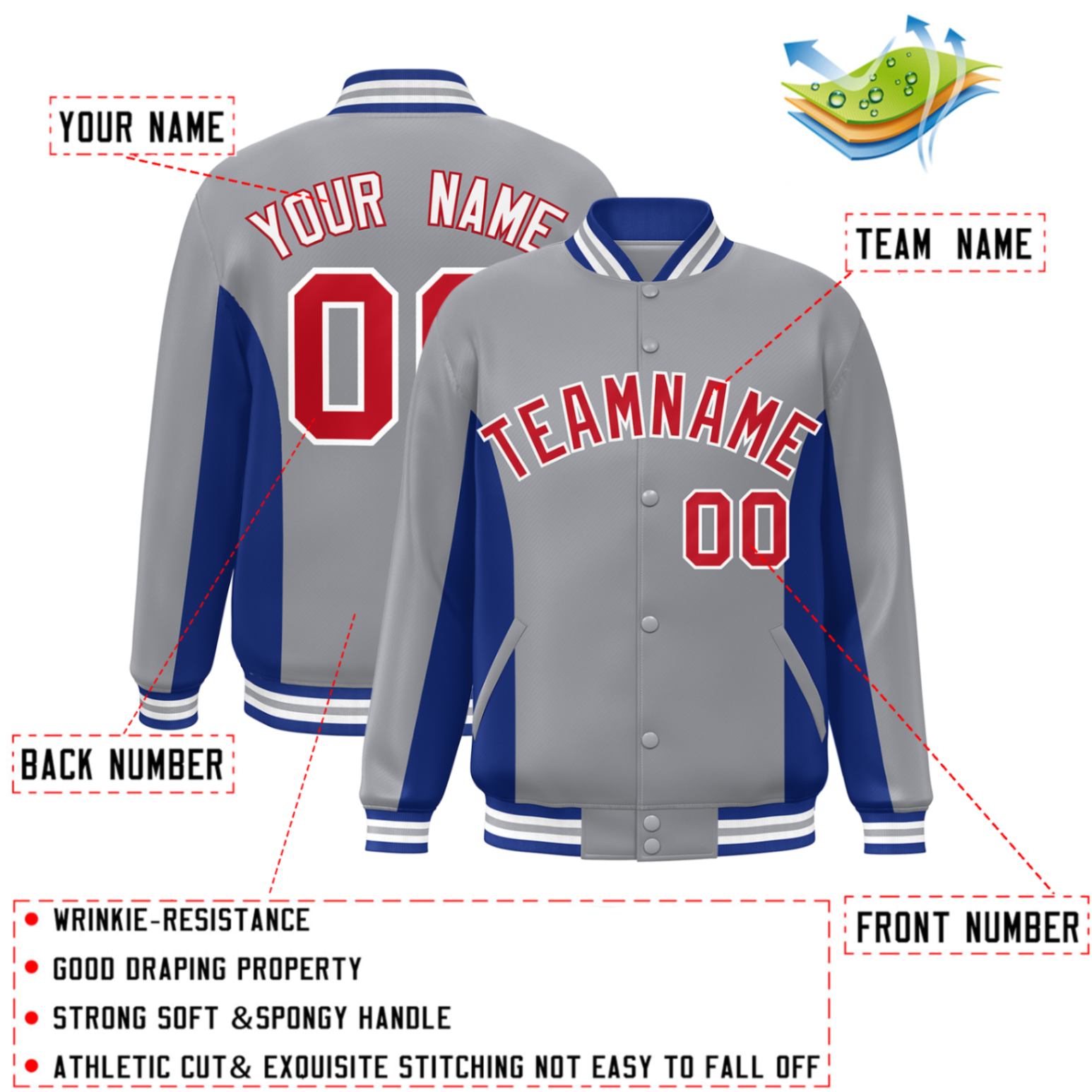 Custom Gray Royal-Red Varsity Full-Snap Color Block Letterman Baseball Jacket