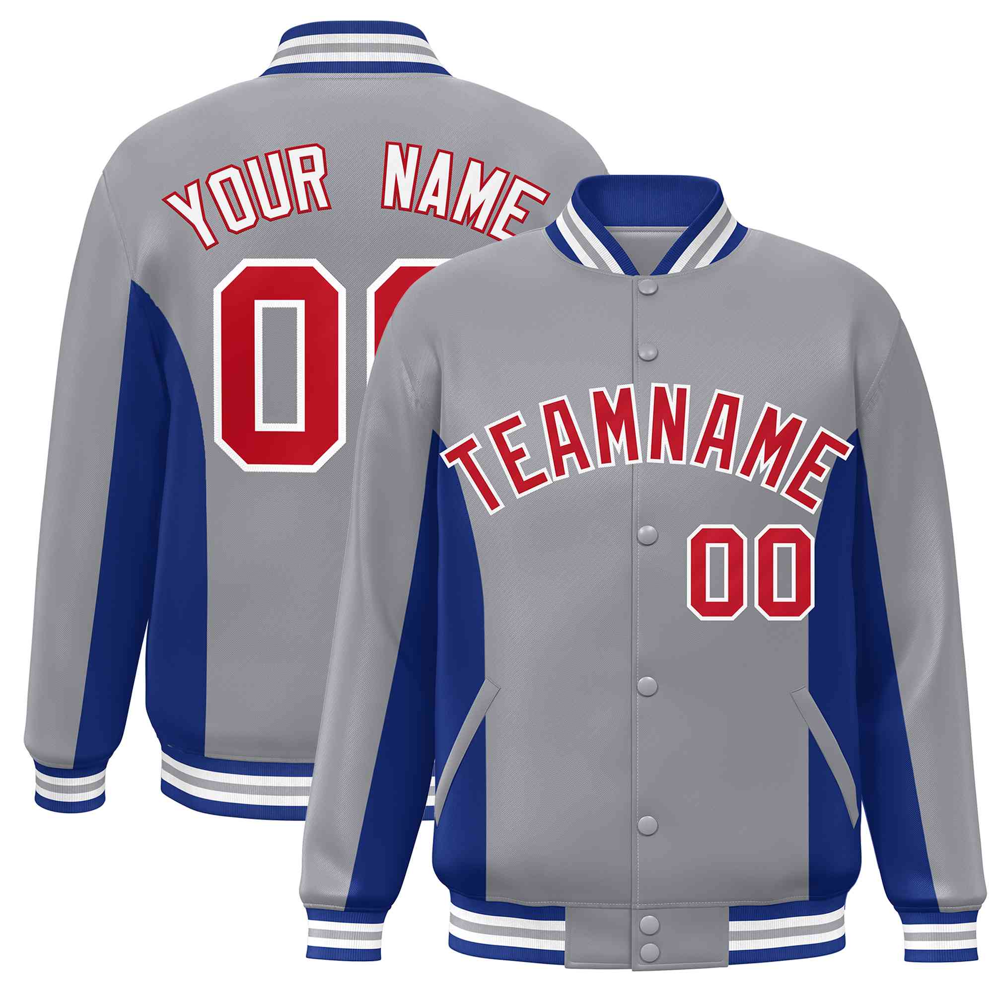 Custom Gray Royal-Red Varsity Full-Snap Color Block Letterman Baseball Jacket