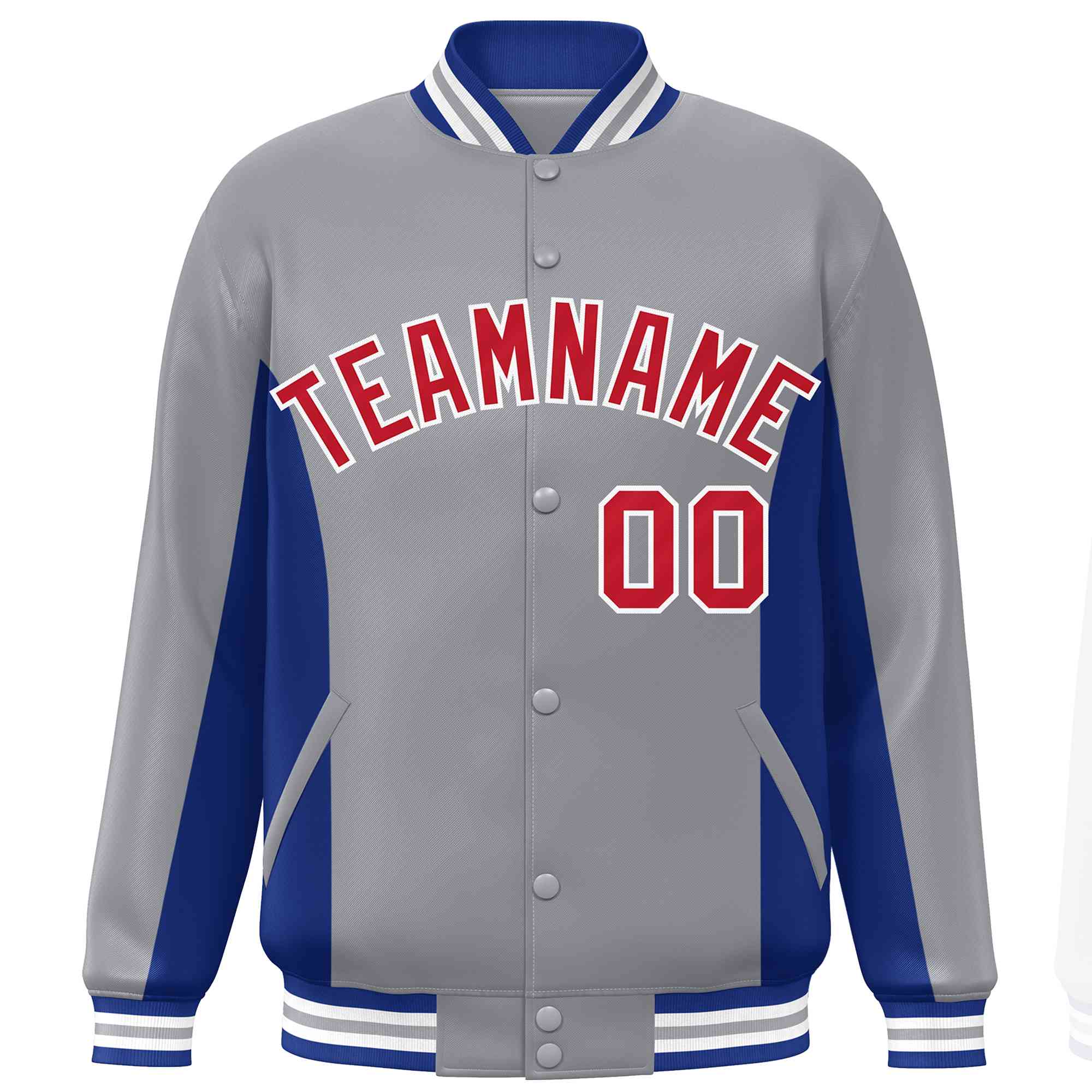 Custom Gray Royal-Red Varsity Full-Snap Color Block Letterman Baseball Jacket