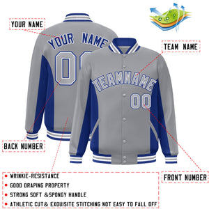 Custom Gray Royal Varsity Full-Snap Color Block Letterman Baseball Jacket