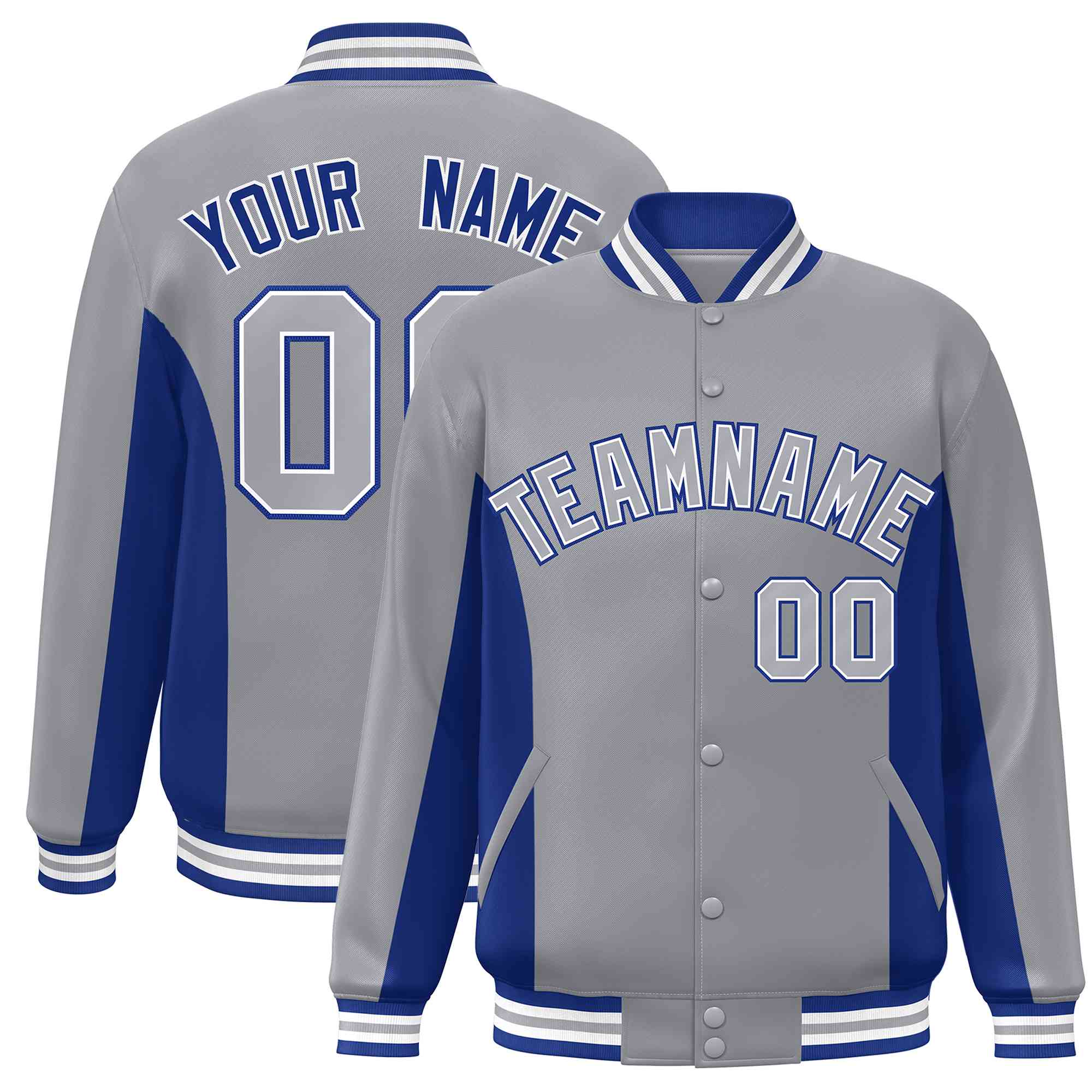 Custom Gray Royal Varsity Full-Snap Color Block Letterman Baseball Jacket