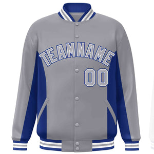 Custom Gray Royal Varsity Full-Snap Color Block Letterman Baseball Jacket