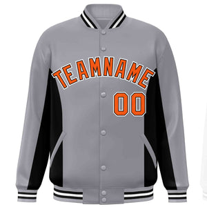 Custom Gray Black-Orange Varsity Full-Snap Color Block Letterman Baseball Jacket