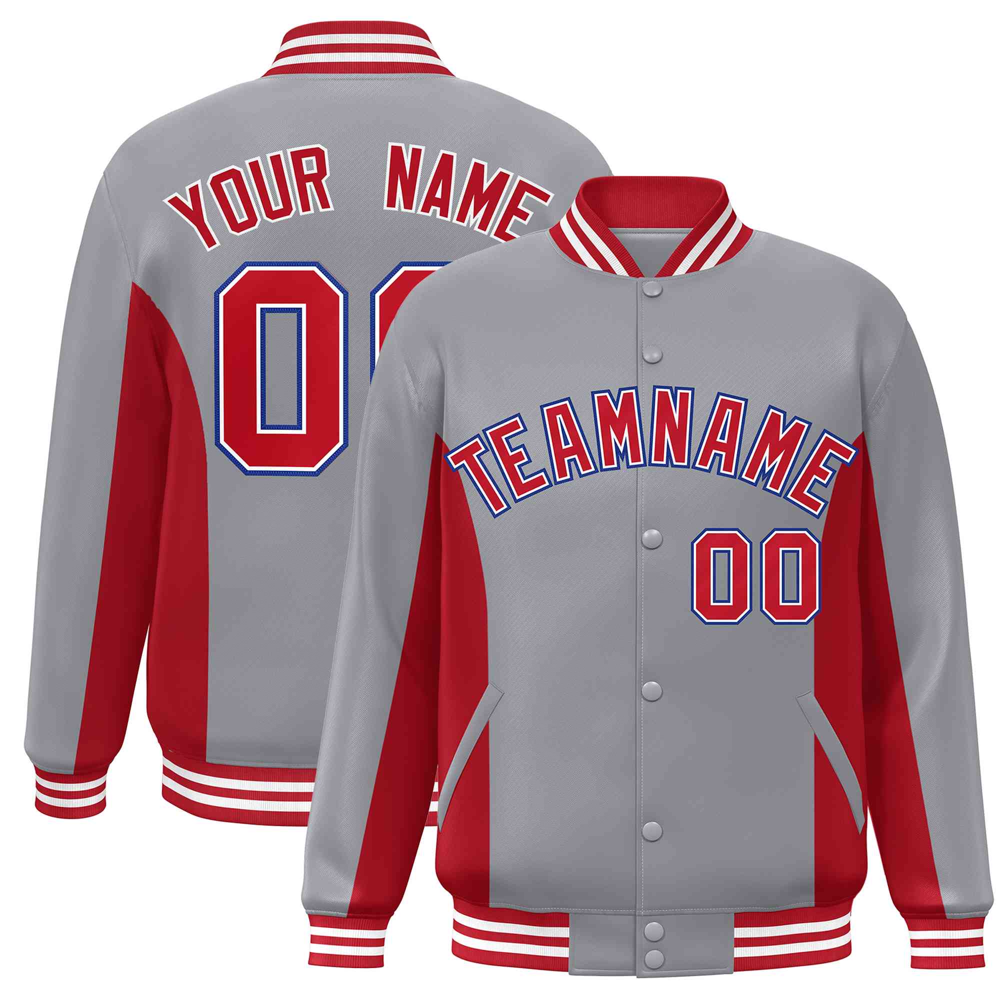 Custom Gray Red Varsity Full-Snap Color Block Letterman Baseball Jacket