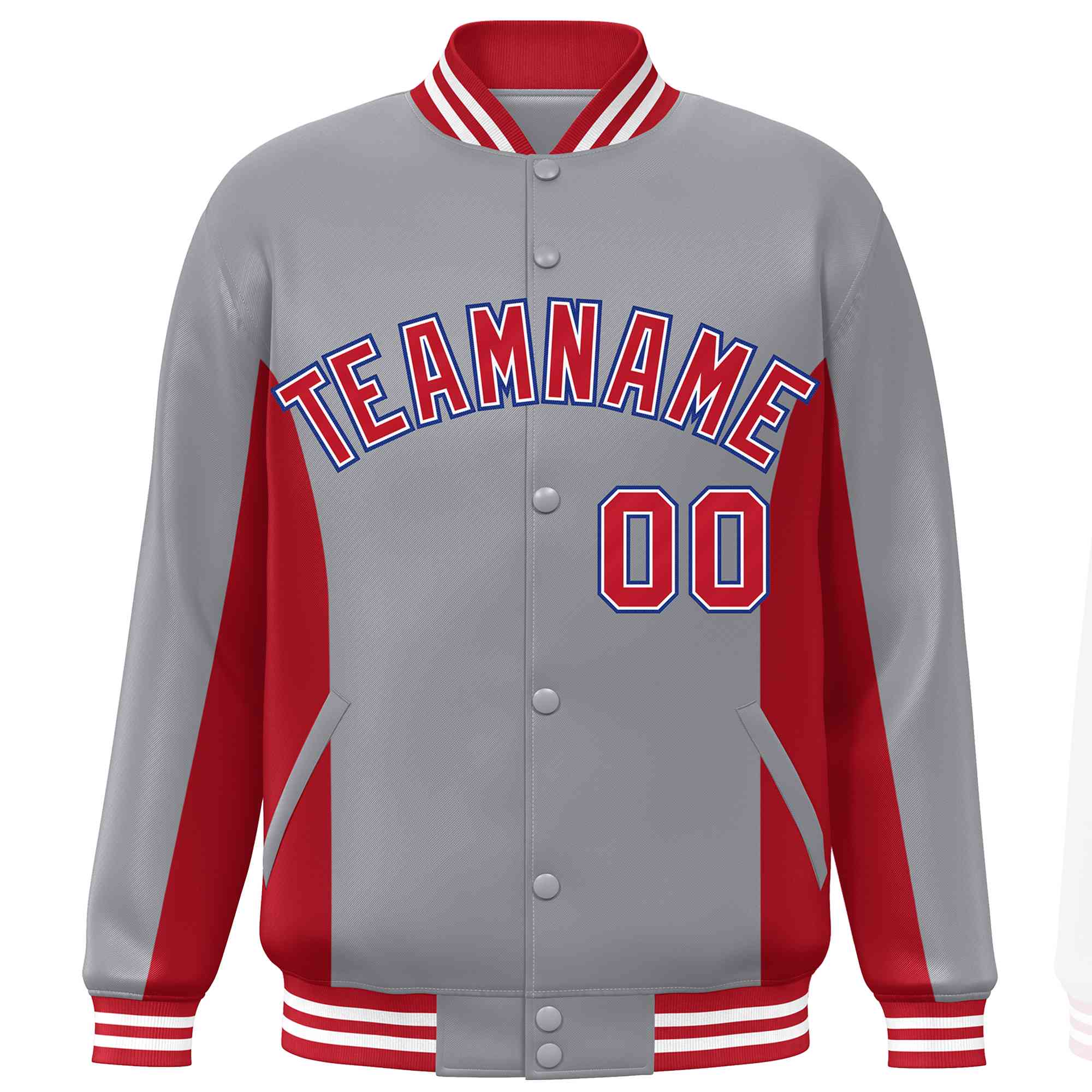 Custom Gray Red Varsity Full-Snap Color Block Letterman Baseball Jacket