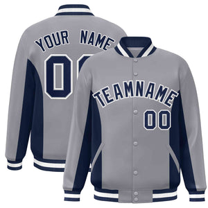 Custom Gray Navy Varsity Full-Snap Color Block Letterman Baseball Jacket