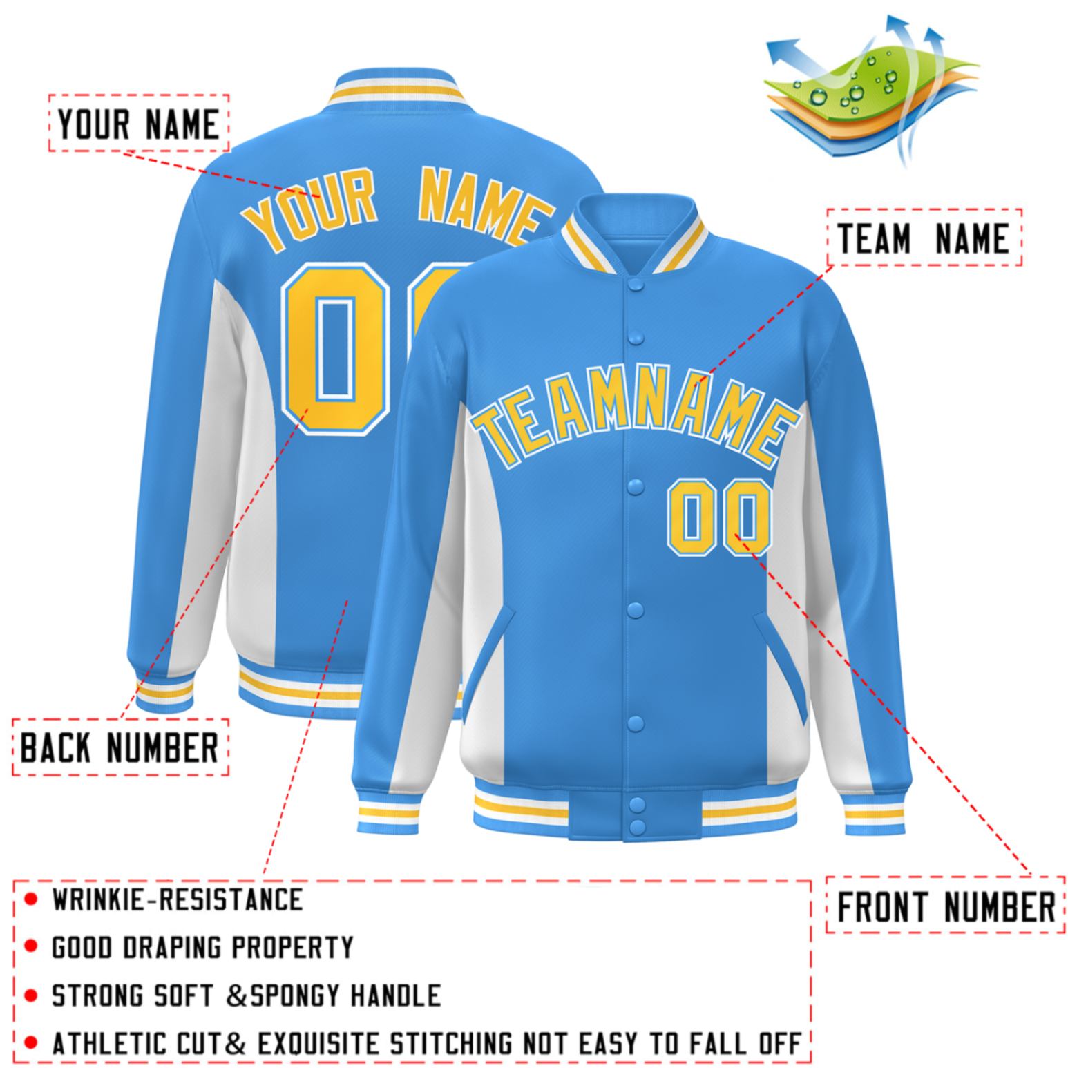 Custom Powder Blue White-Gold Varsity Full-Snap Color Block Letterman Baseball Jacket