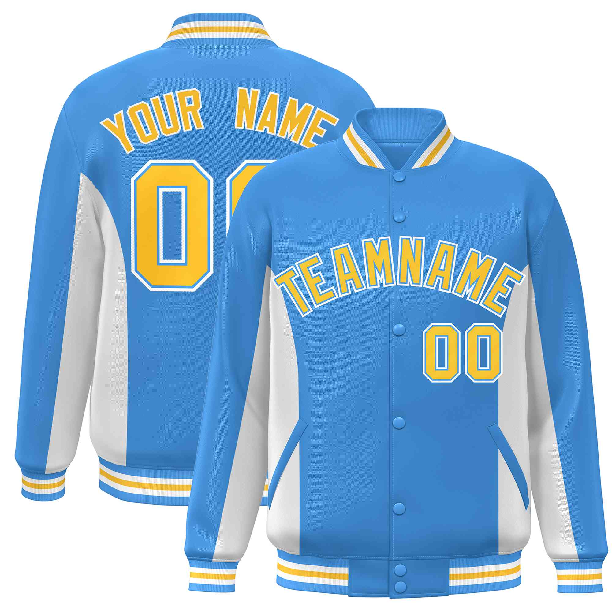 Custom Powder Blue White-Gold Varsity Full-Snap Color Block Letterman Baseball Jacket