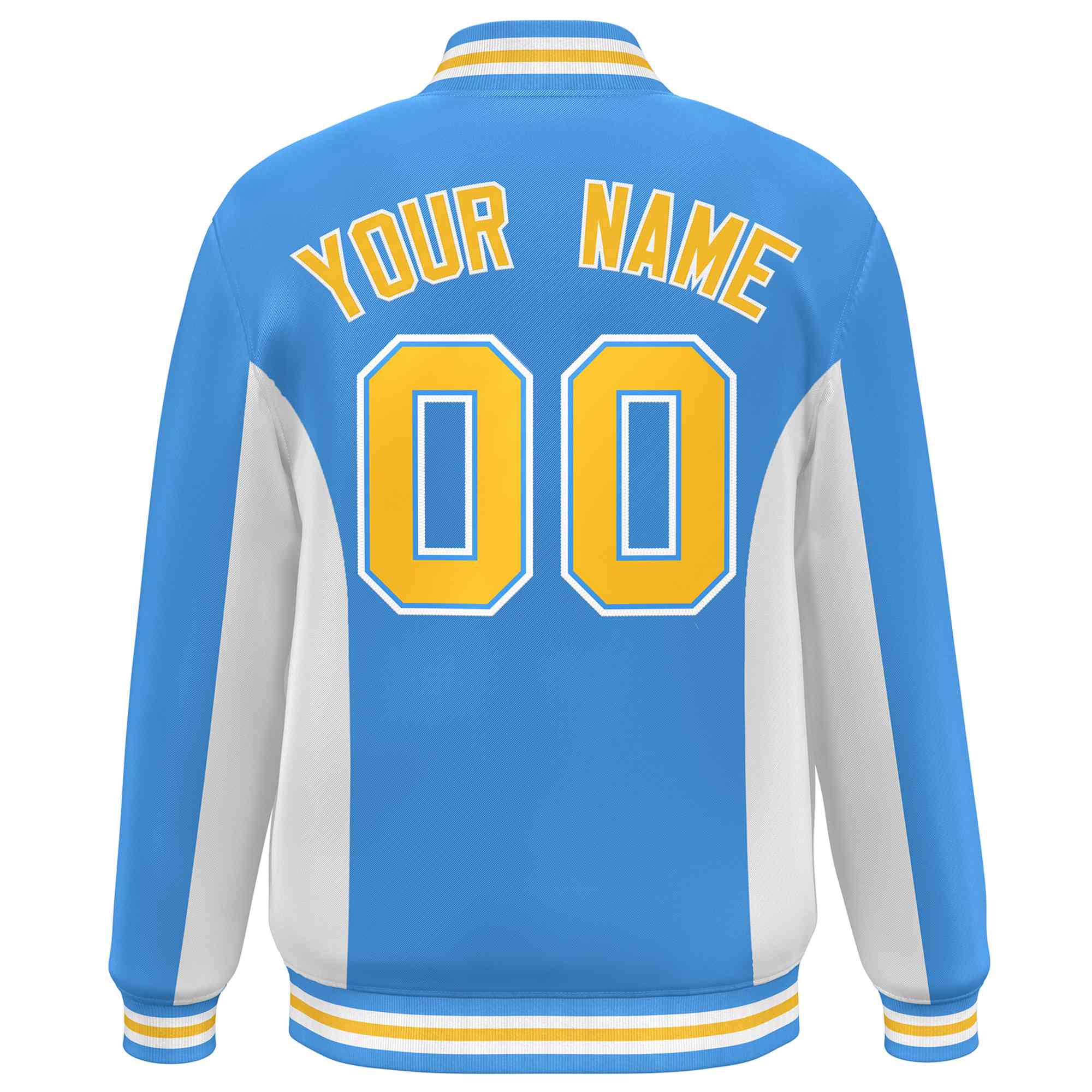 Custom Powder Blue White-Gold Varsity Full-Snap Color Block Letterman Baseball Jacket