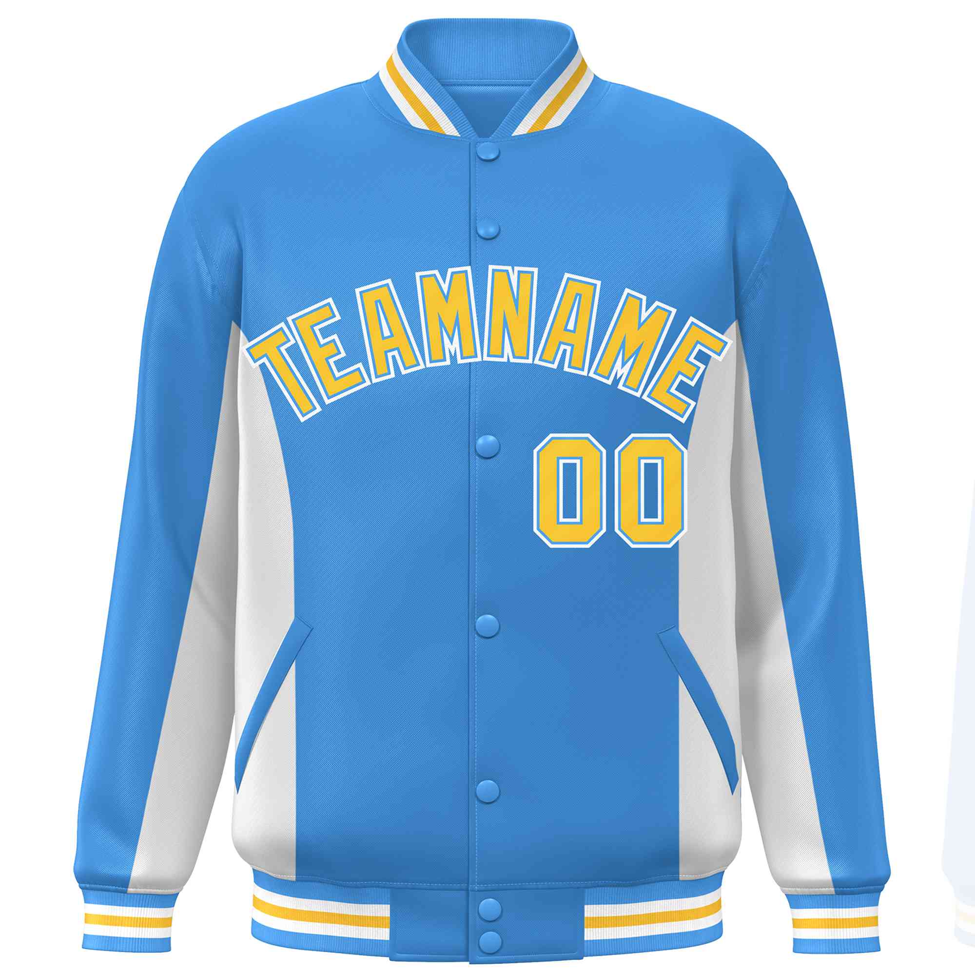 Custom Powder Blue White-Gold Varsity Full-Snap Color Block Letterman Baseball Jacket