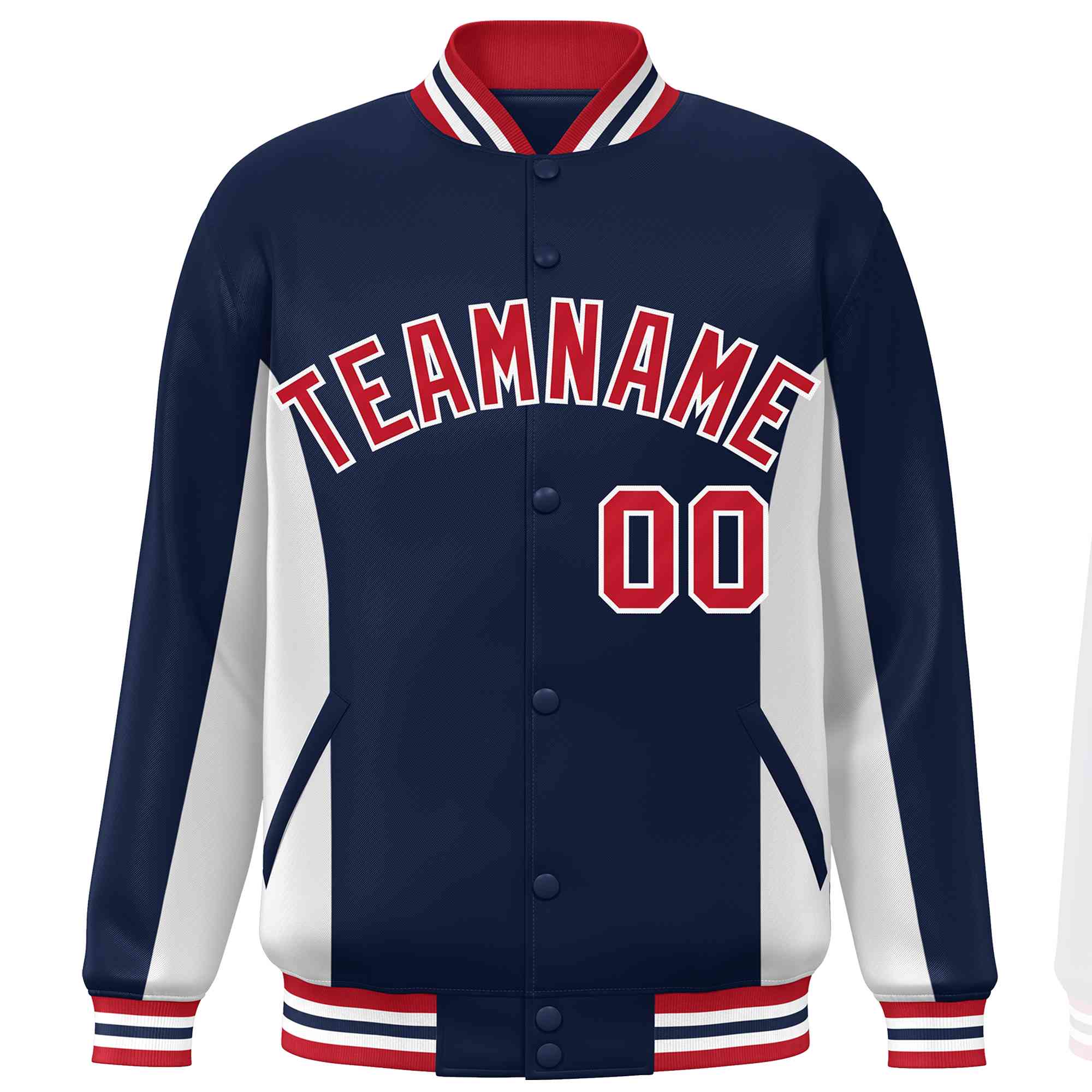 Custom Navy White-Red Varsity Full-Snap Color Block Letterman Baseball Jacket