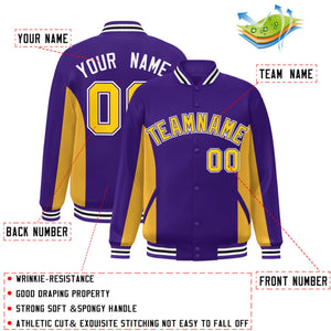 Custom Purple Gold Varsity Full-Snap Color Block Letterman Baseball Jacket