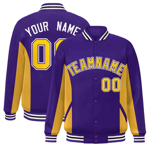 Custom Purple Gold Varsity Full-Snap Color Block Letterman Baseball Jacket