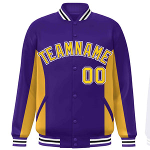 Custom Purple Gold Varsity Full-Snap Color Block Letterman Baseball Jacket