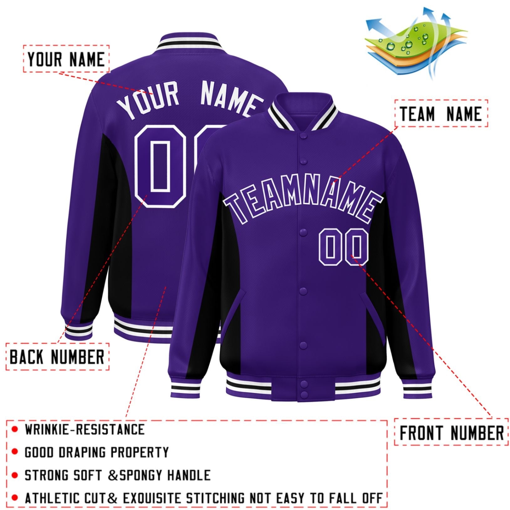 Custom Purple Black Varsity Full-Snap Color Block Letterman Baseball Jacket