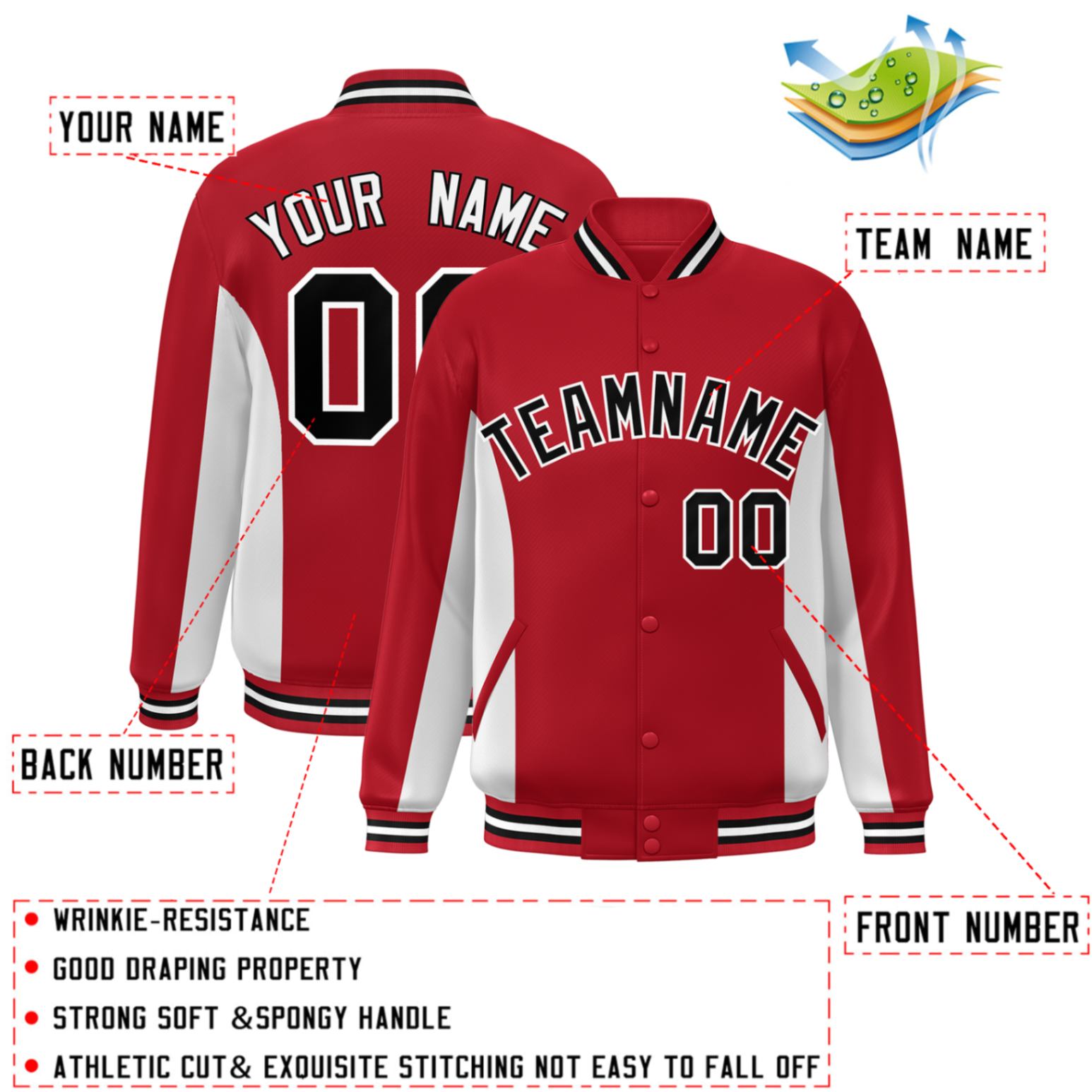 Custom Red White-Black Varsity Full-Snap Color Block Letterman Baseball Jacket