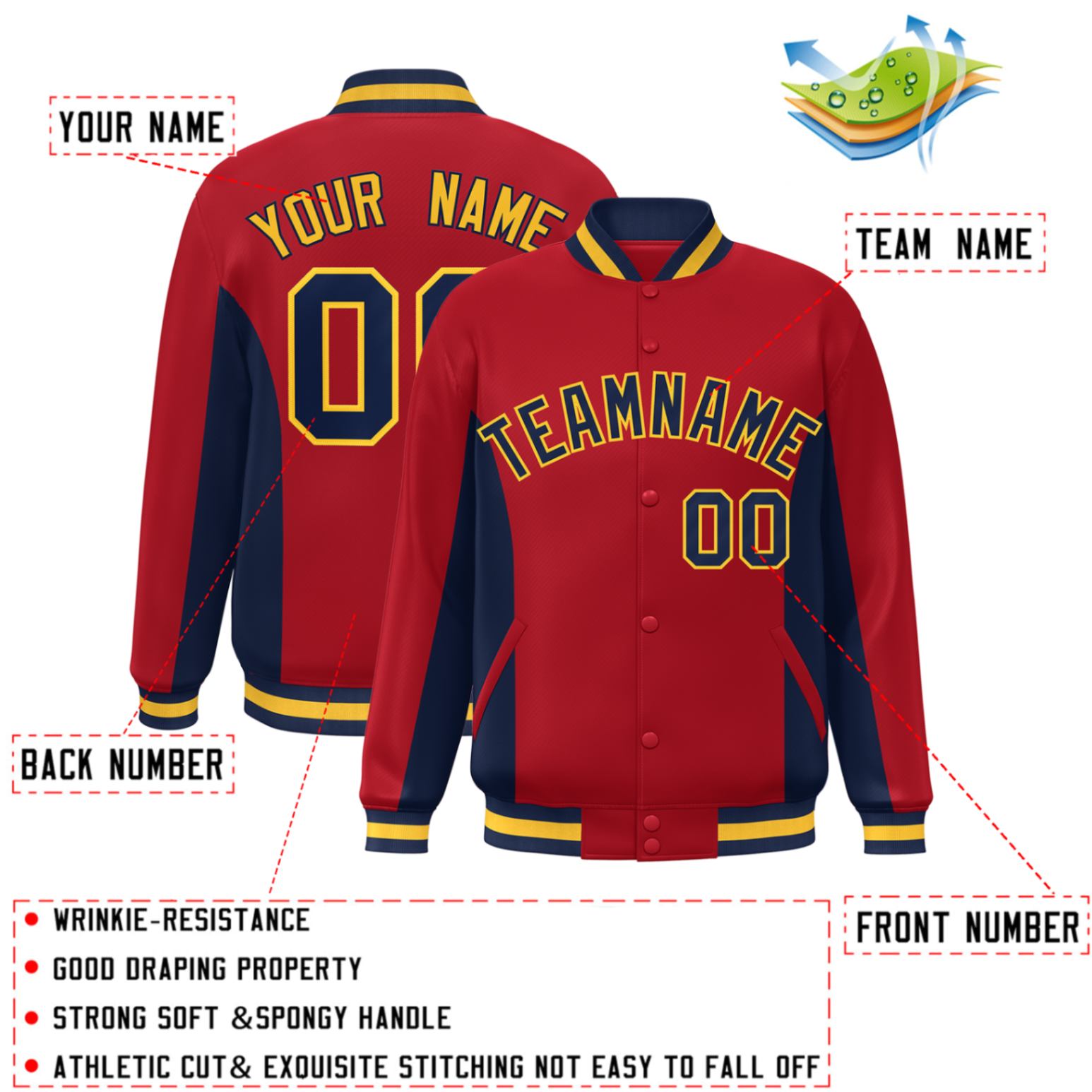 Custom Red Navy Varsity Full-Snap Color Block Letterman Baseball Jacket