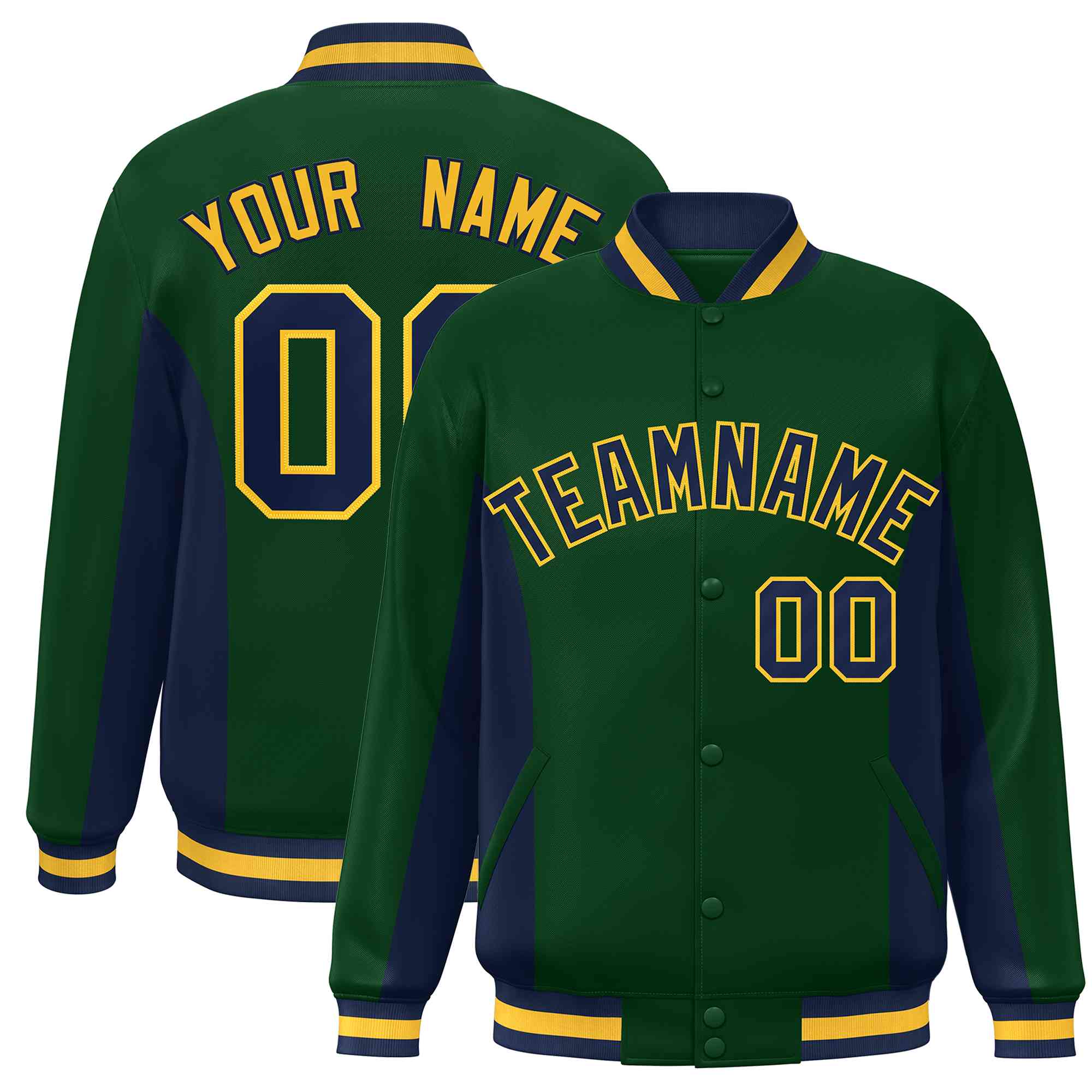 Custom Green Navy Varsity Full-Snap Color Block Letterman Baseball Jacket