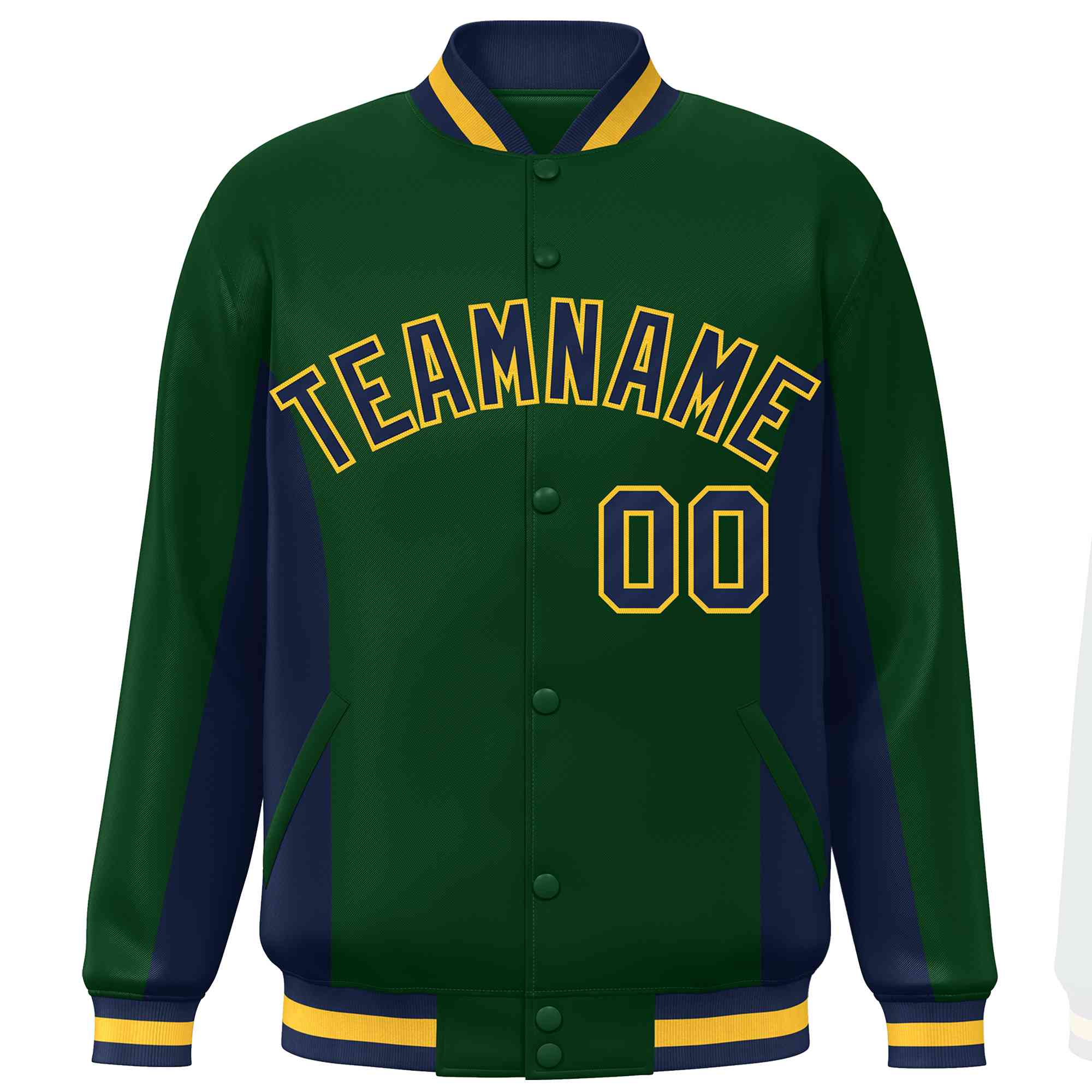 Custom Green Navy Varsity Full-Snap Color Block Letterman Baseball Jacket