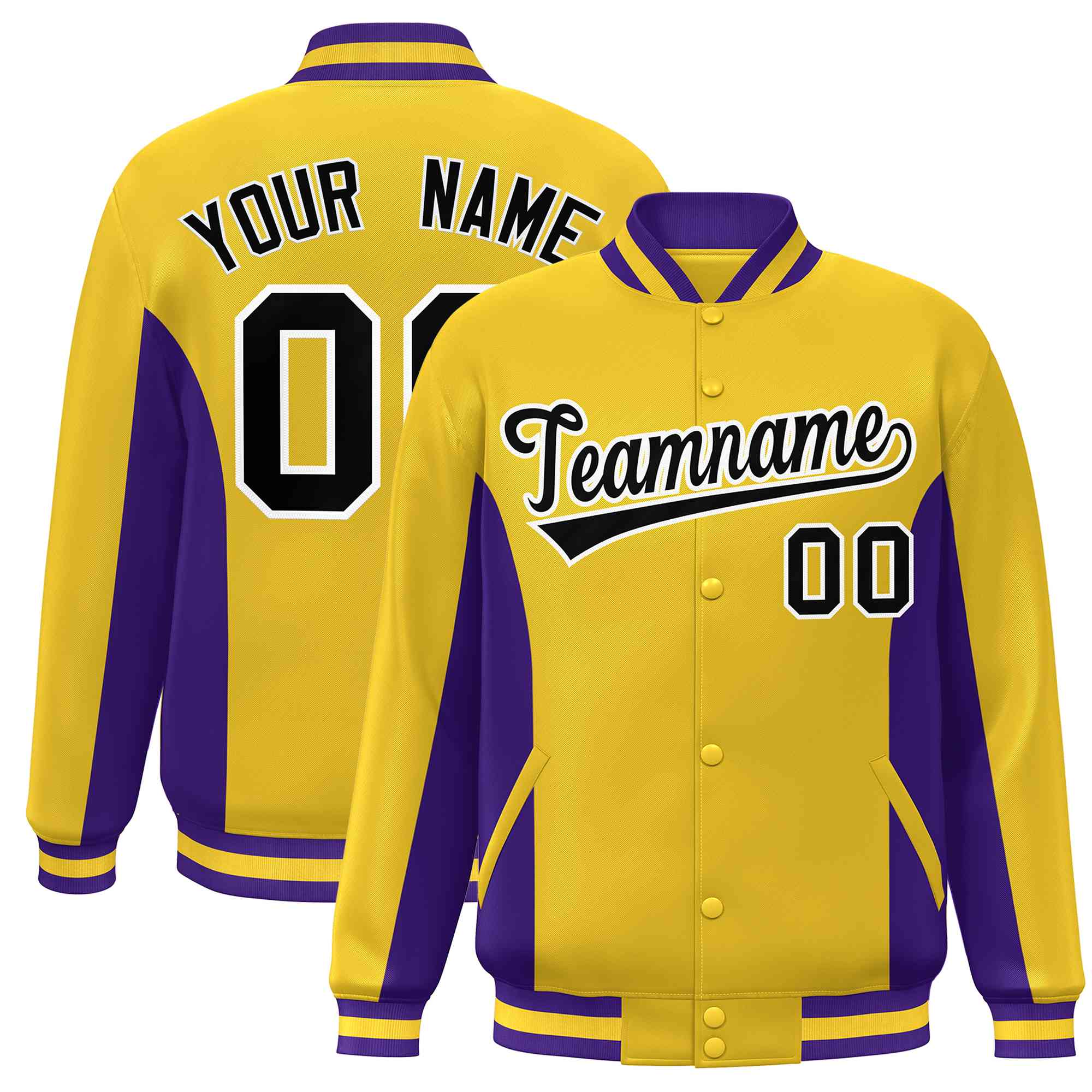 Custom Gold Purple-Black Varsity Full-Snap Color Block Letterman Baseball Jacket