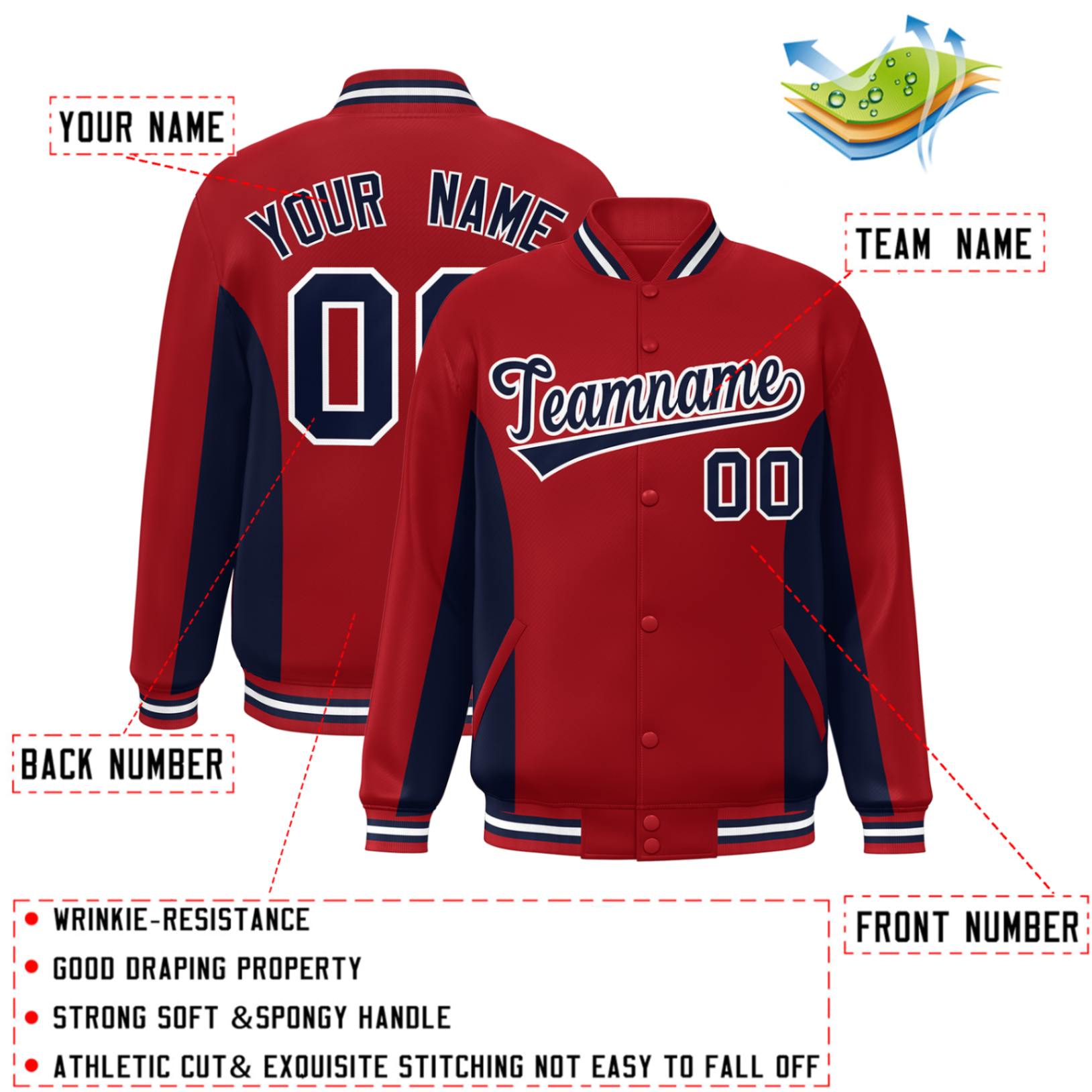 Custom Red Navy Varsity Full-Snap Color Block Letterman Baseball Jacket