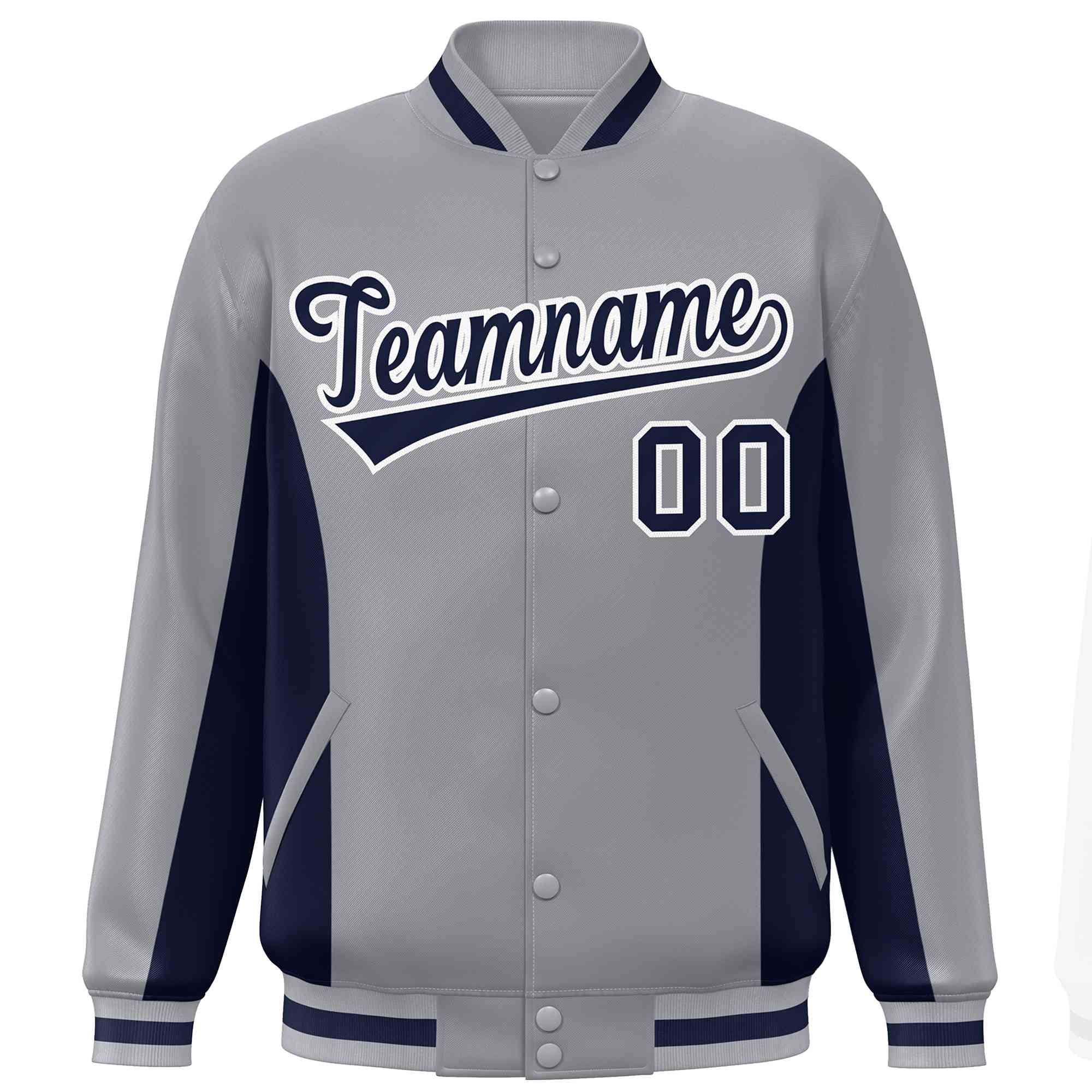 Custom Gray Navy Varsity Full-Snap Color Block Letterman Baseball Jacket