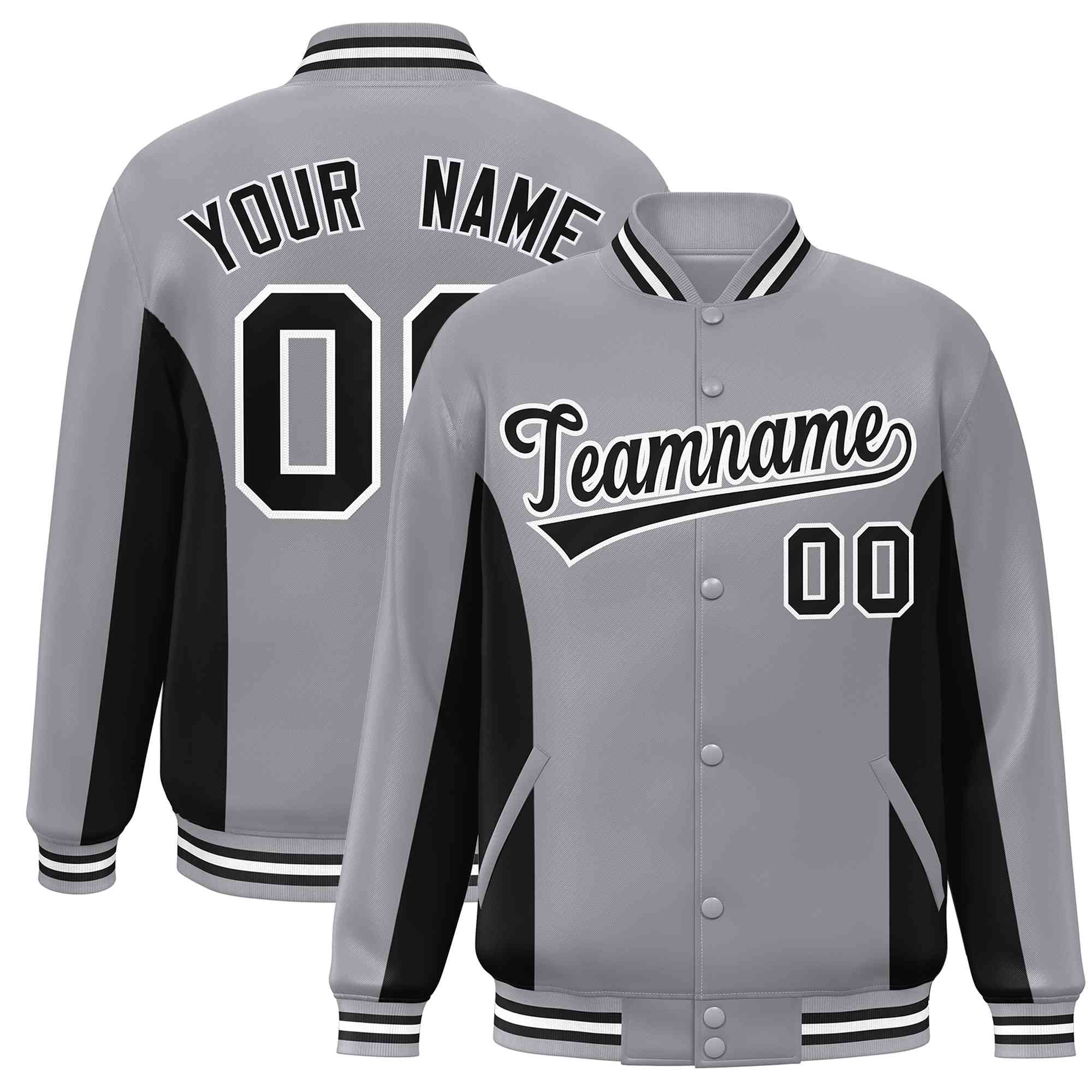 Custom Gray Black Varsity Full-Snap Color Block Letterman Baseball Jacket