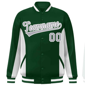 Custom Green White-Gray Varsity Full-Snap Color Block Letterman Baseball Jacket