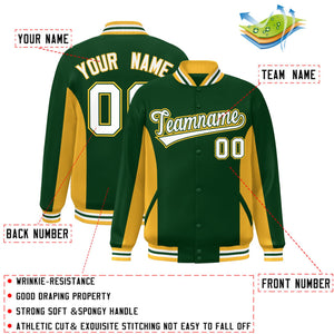 Custom Green Gold-White Varsity Full-Snap Color Block Letterman Baseball Jacket