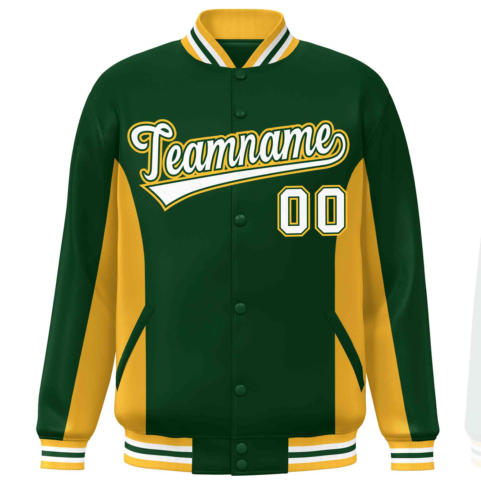 Custom Green Gold-White Varsity Full-Snap Color Block Letterman Baseball Jacket