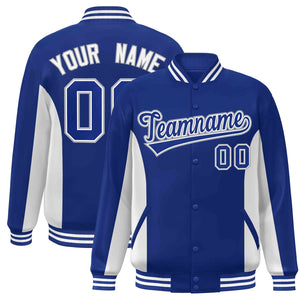 Custom Royal White Varsity Full-Snap Color Block Letterman Baseball Jacket