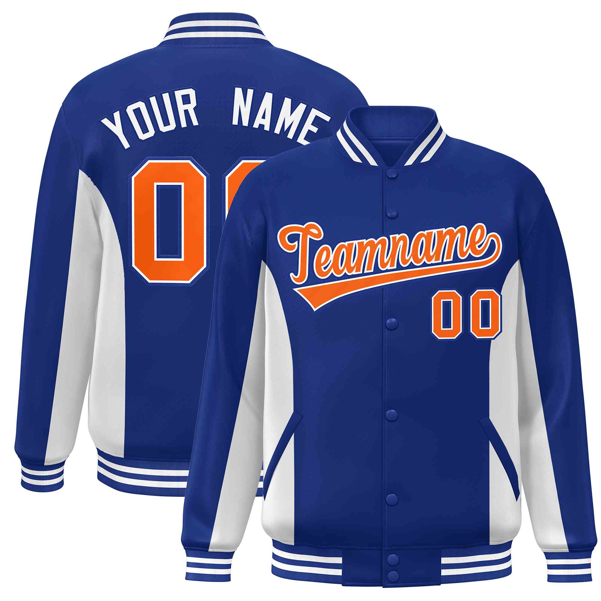 Custom Royal White-Orange Varsity Full-Snap Color Block Letterman Baseball Jacket