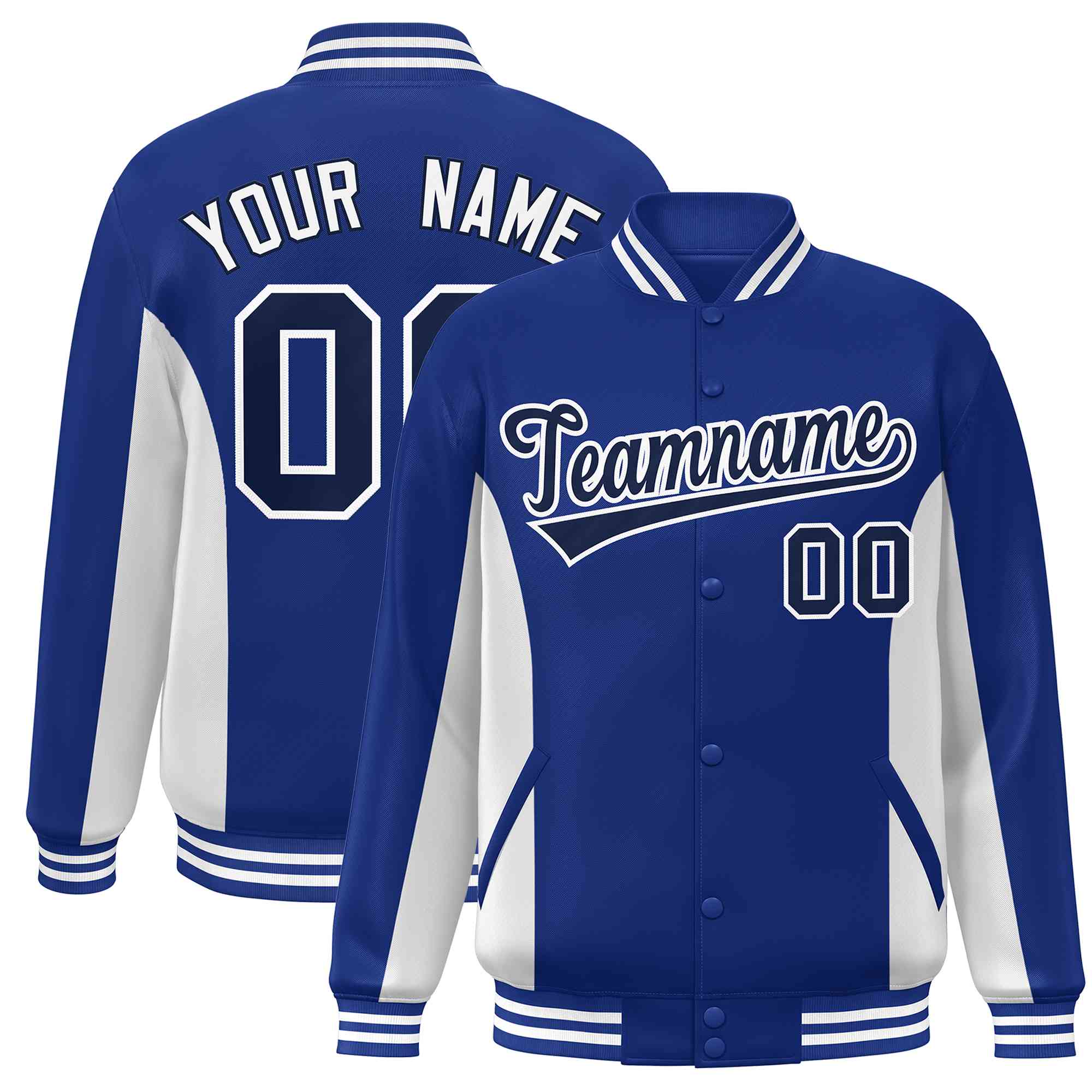 Custom Royal White-Navy Varsity Full-Snap Color Block Letterman Baseball Jacket