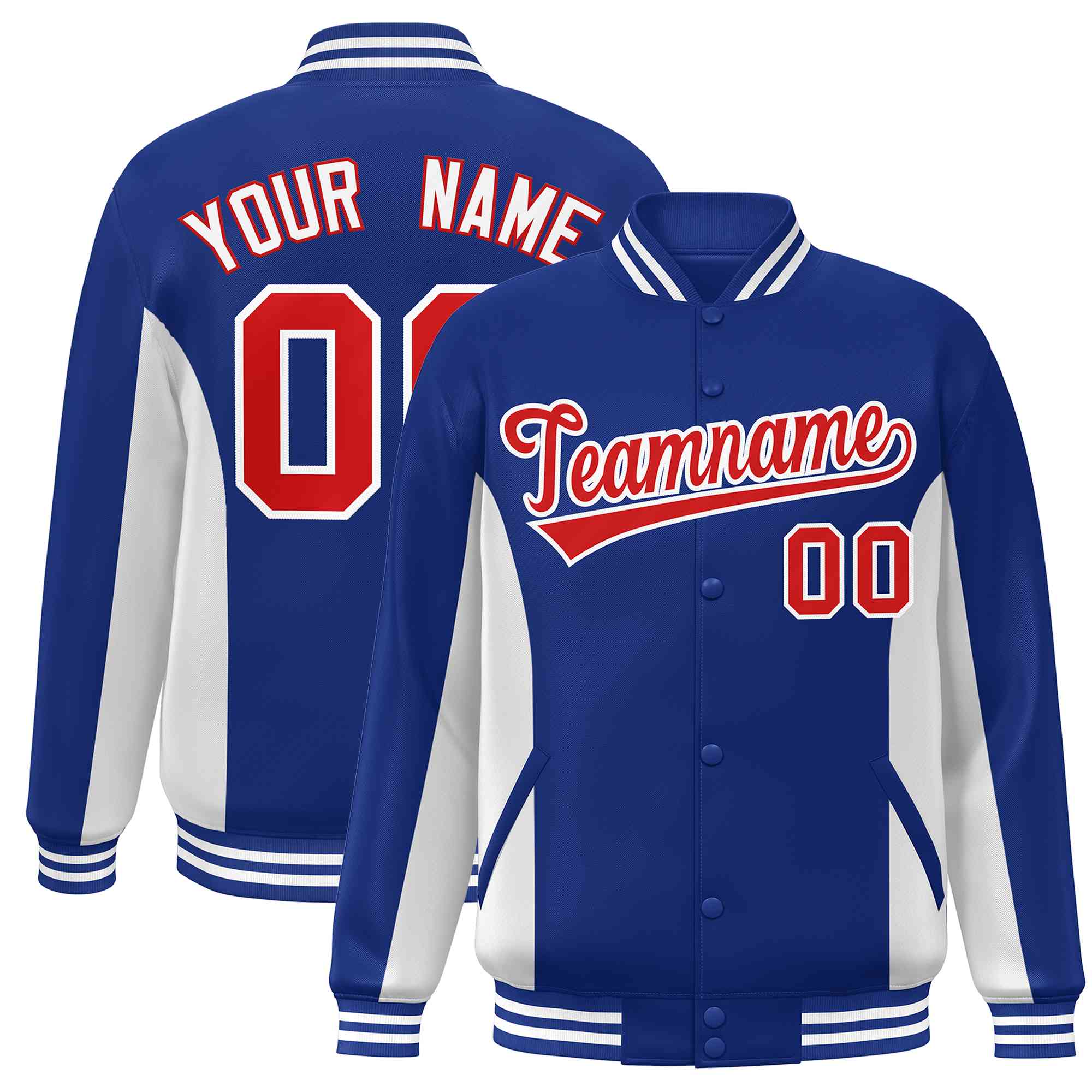 Custom Royal White-Red Varsity Full-Snap Color Block Letterman Baseball Jacket